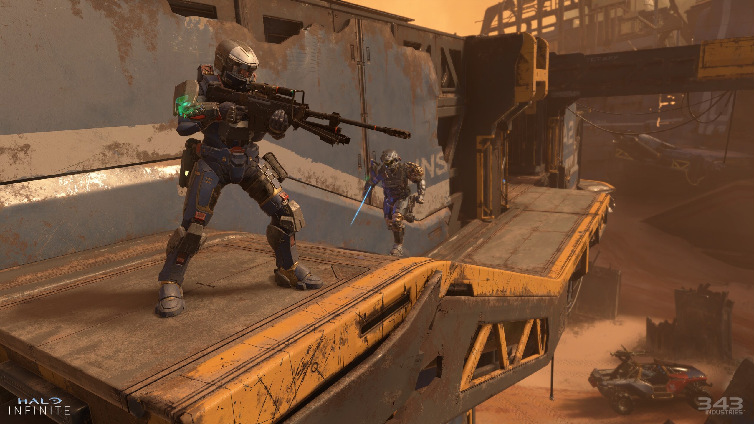 Screenshot of a Spartan with an energy sword approaching another with a sniper on Breaker
