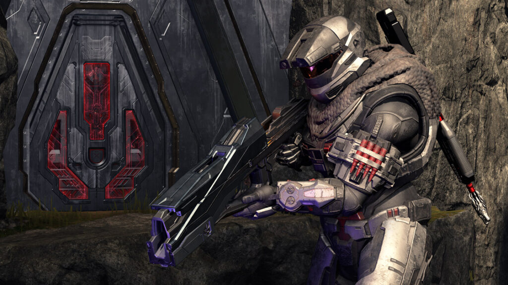 A Spartan with the Watchdog armor coating is holding a Cindershot.