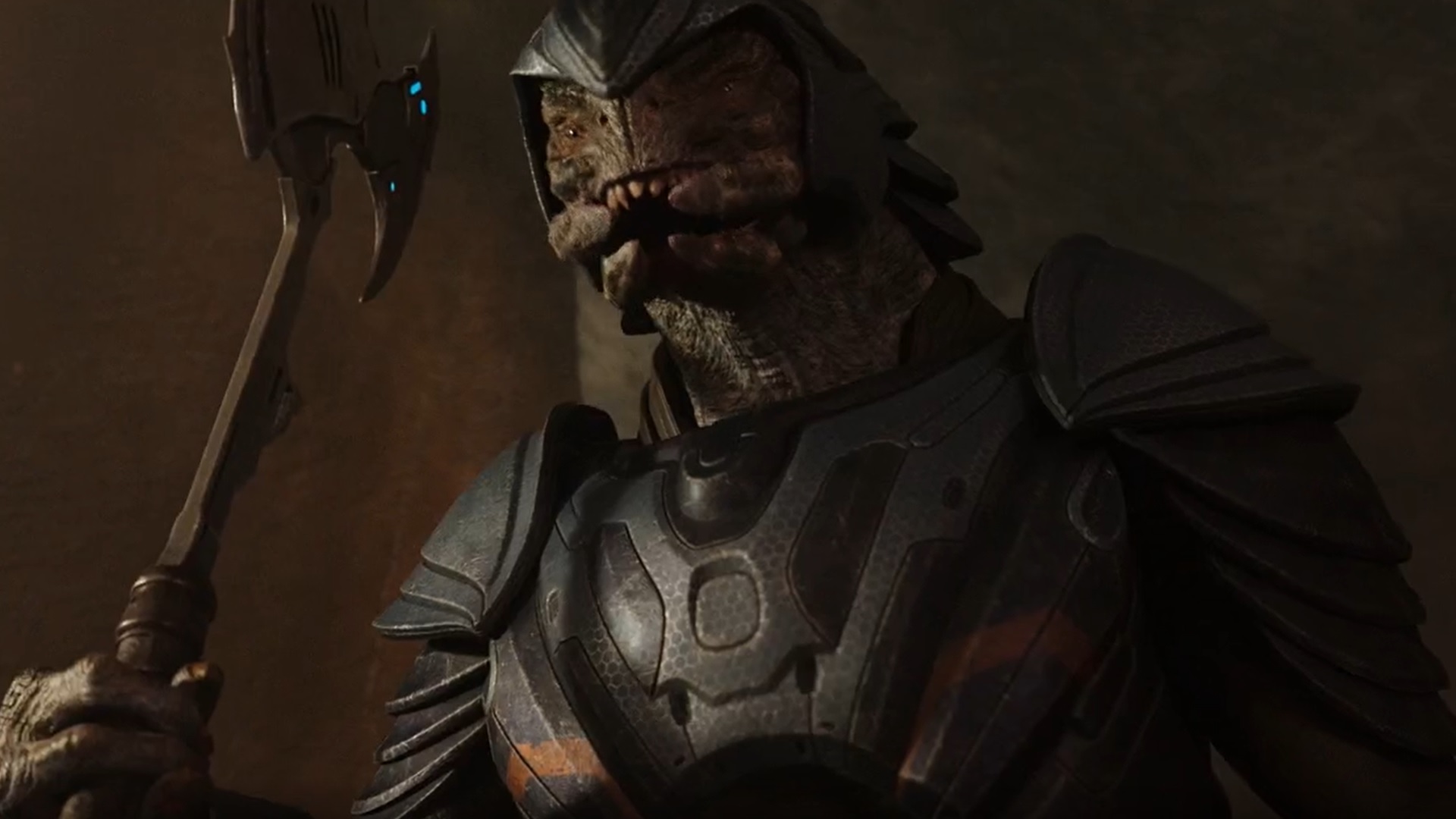 Shot of a Sangheili warrior from the Halo TV Series.