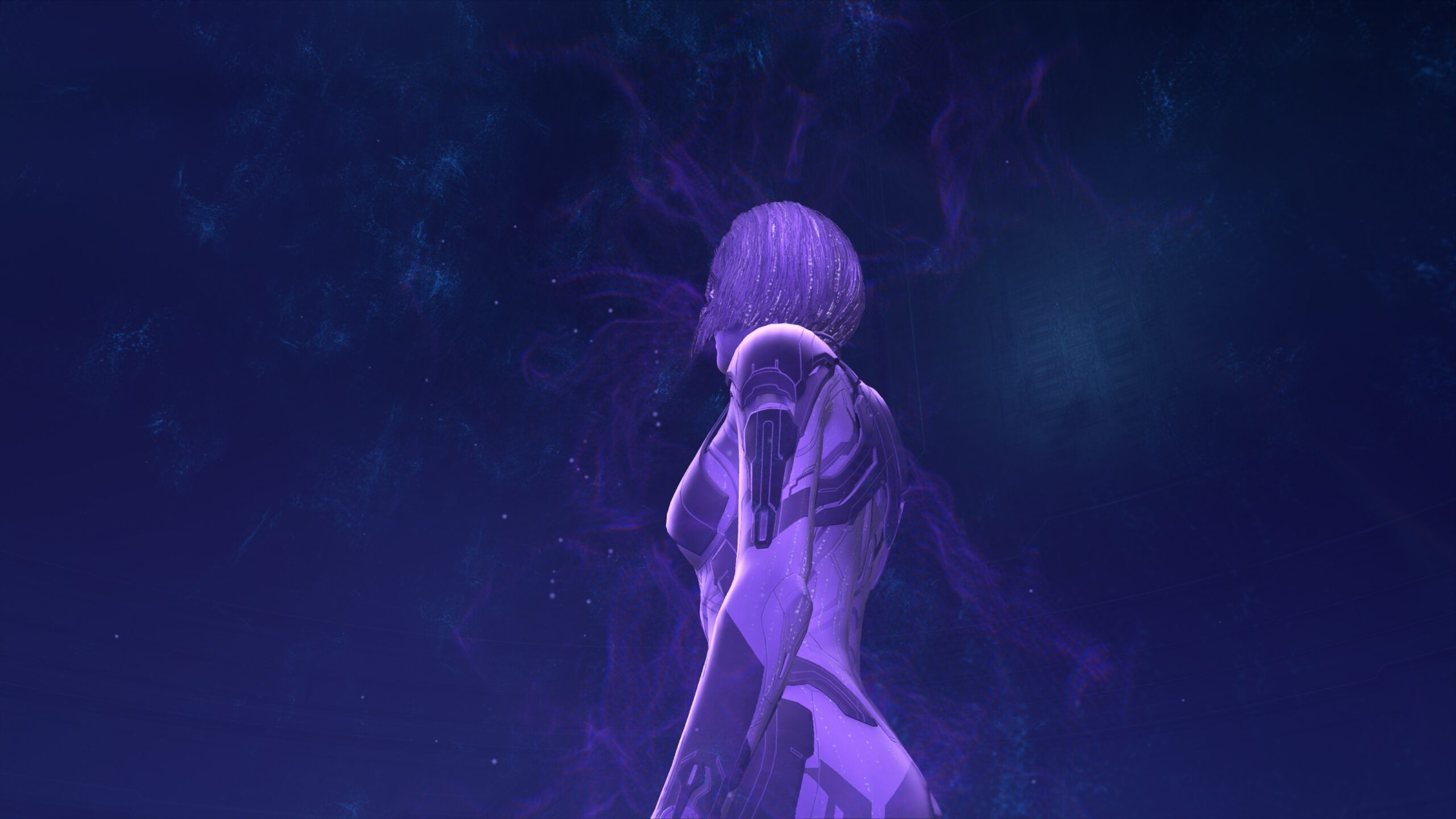 Screenshot of Cortana's ghostly holographic form in Halo Infinite's campaign