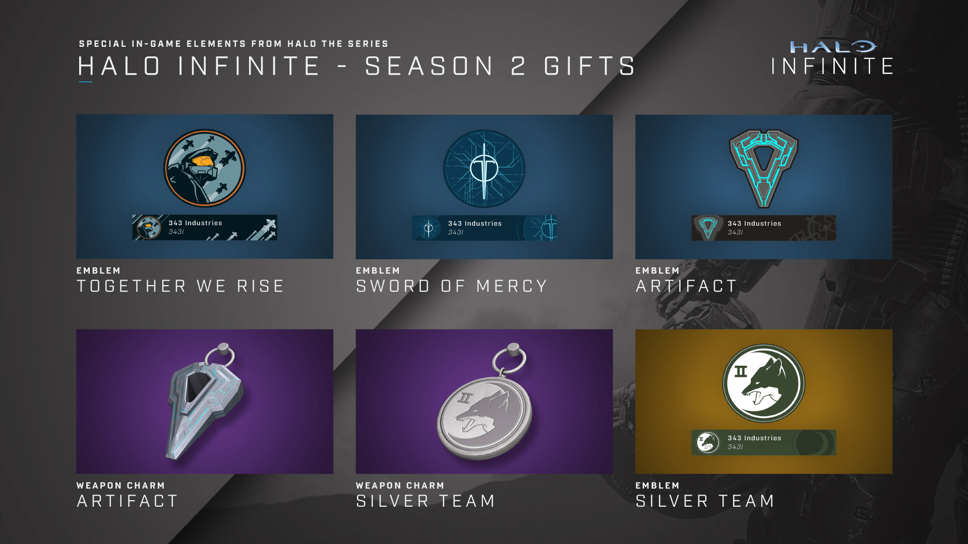 Image of Silver Gifts coming to Halo Infinite, including: Together We Rise emblem, Sword of Mercy emblem, Artifact emblem, Artifact weapon charm, Silver Team weapon charm, Silver Team emblem