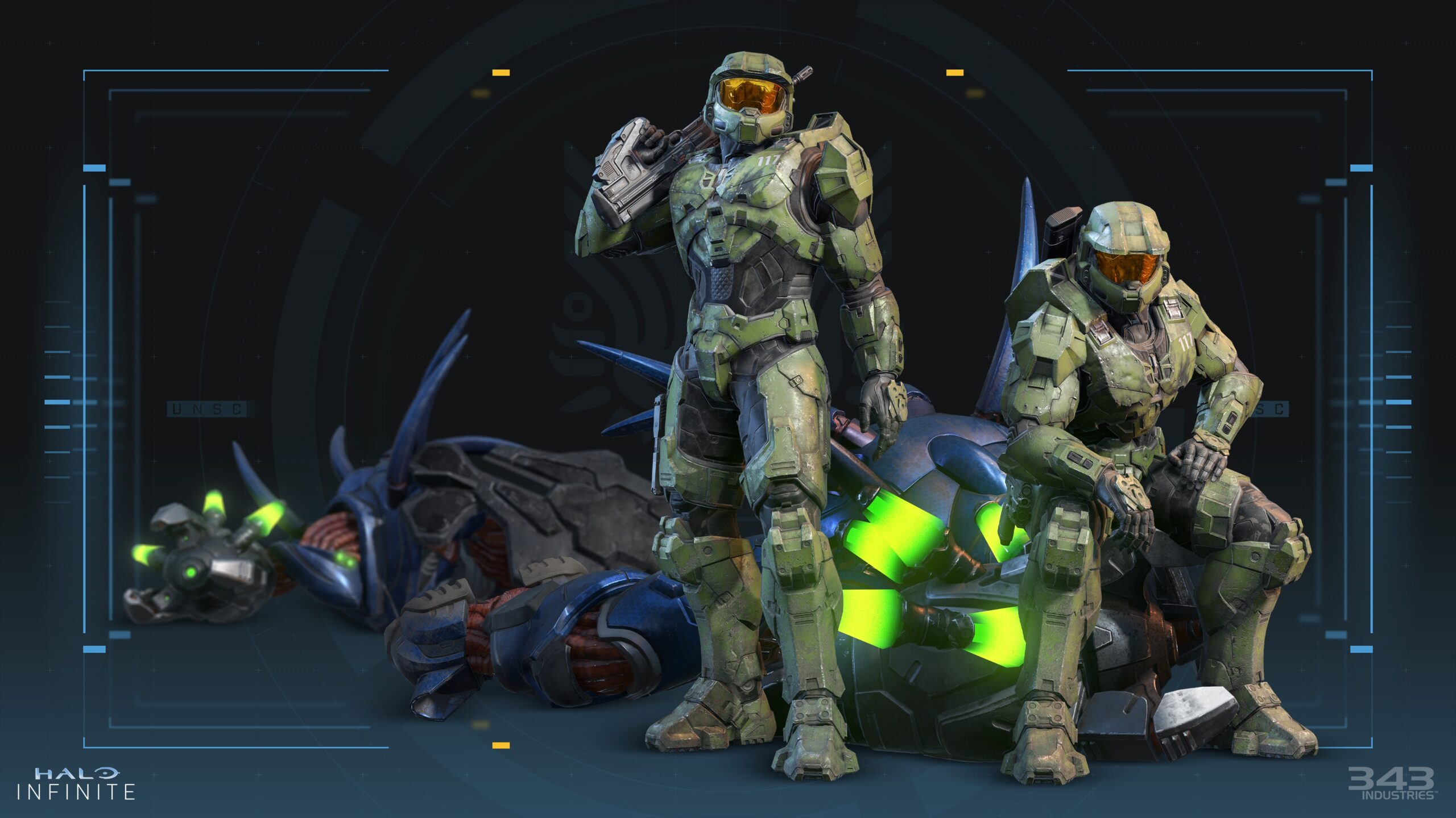 Campaign Co-Op Achievement image of two Master Chiefs, one sitting on a fallen Hunter