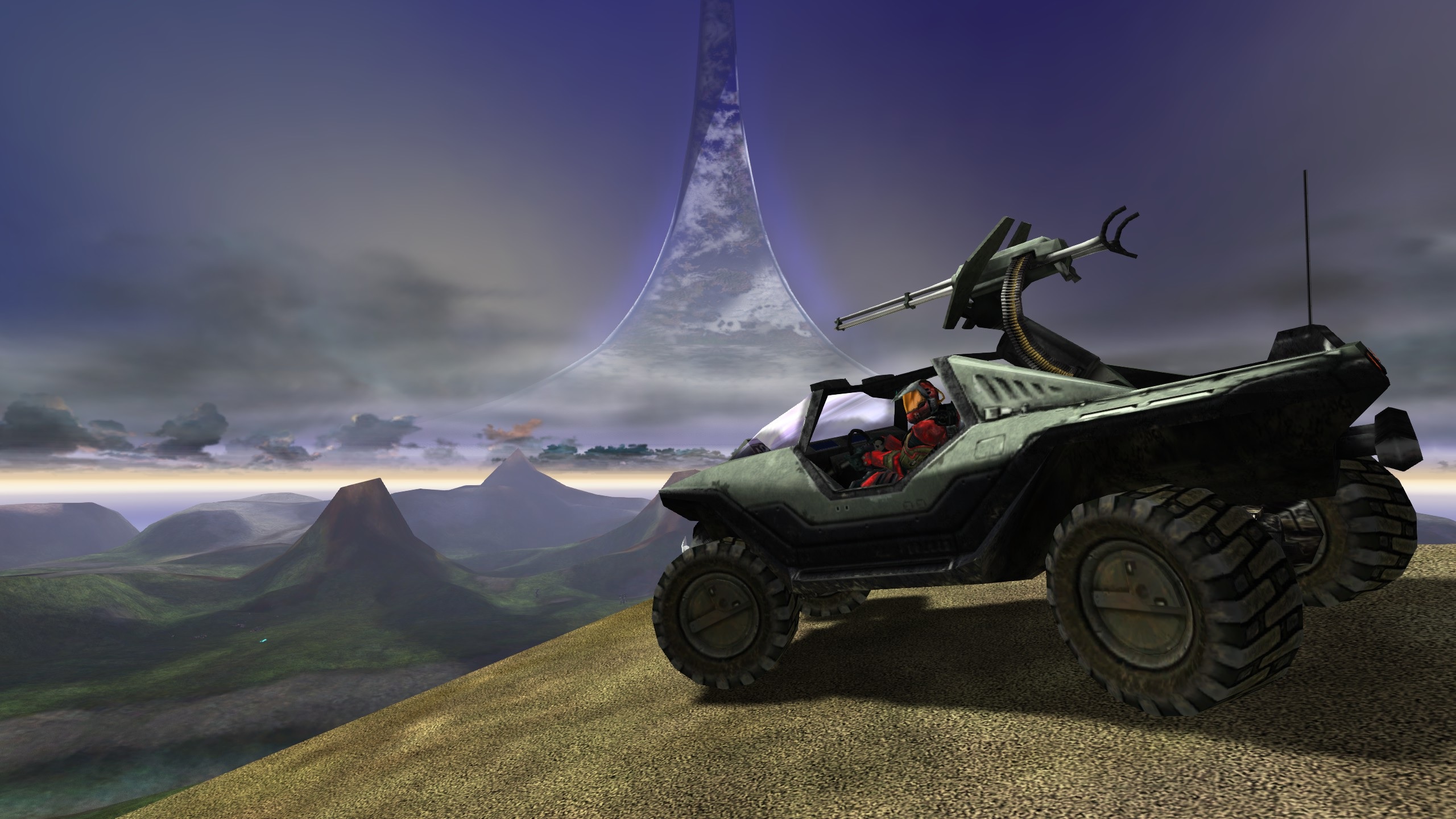 MacWord-era cyborg driving a Warthog with vista of Halo ring