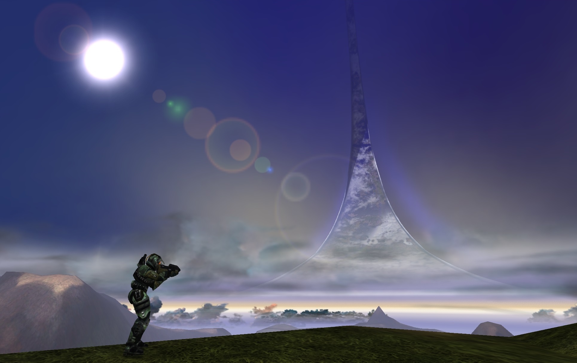 1999-era cyborg staring out over the vista of the Halo ring