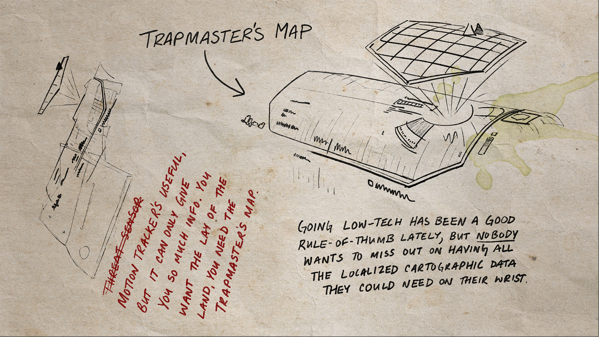 Shot of Trapmaster's Map wrist attachment from Eklund's field journal