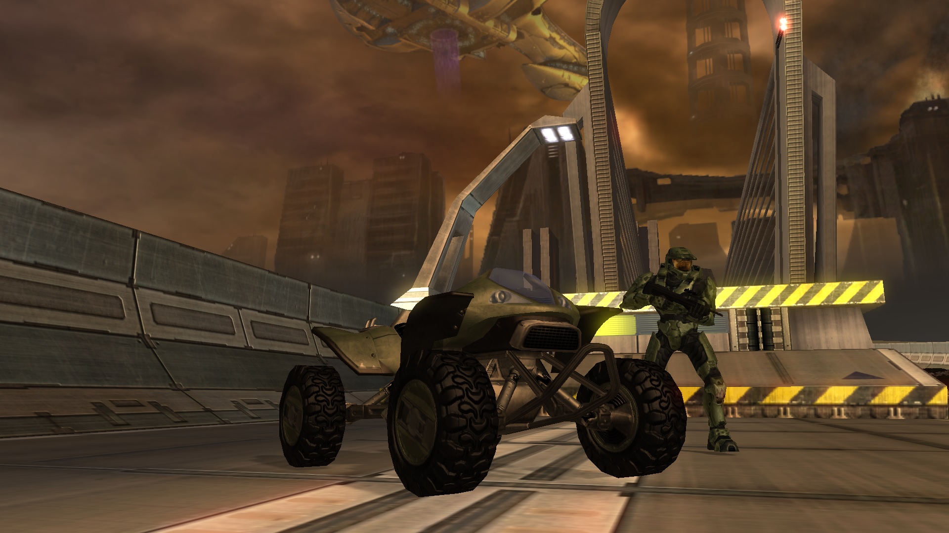 Image of the Master Chief standing by a Halo 2 Mongoose
