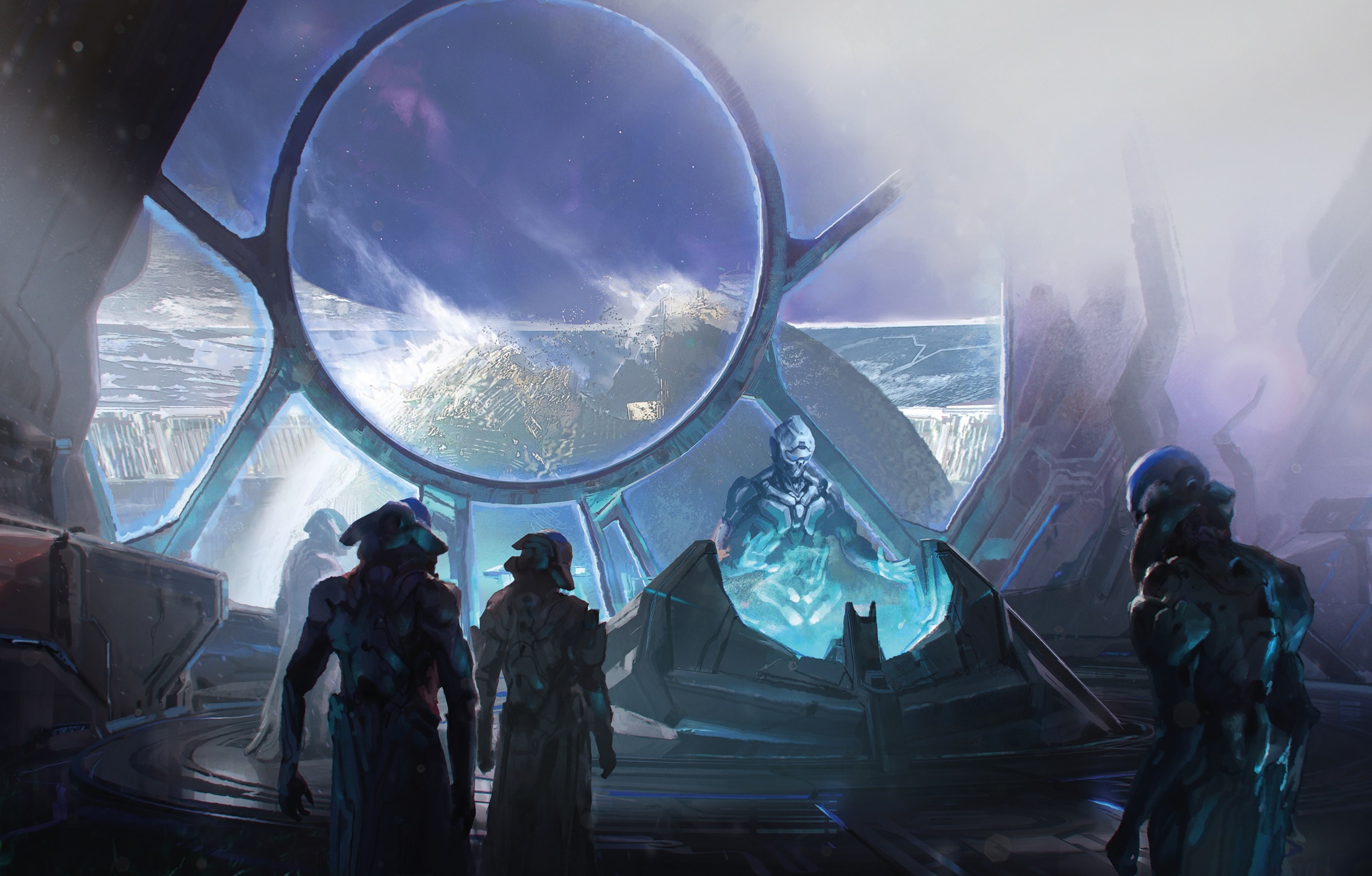 Halo Mythos artwork by Chase Toole depicting Bornstellar and a group of other Forerunners in the Ark's control room