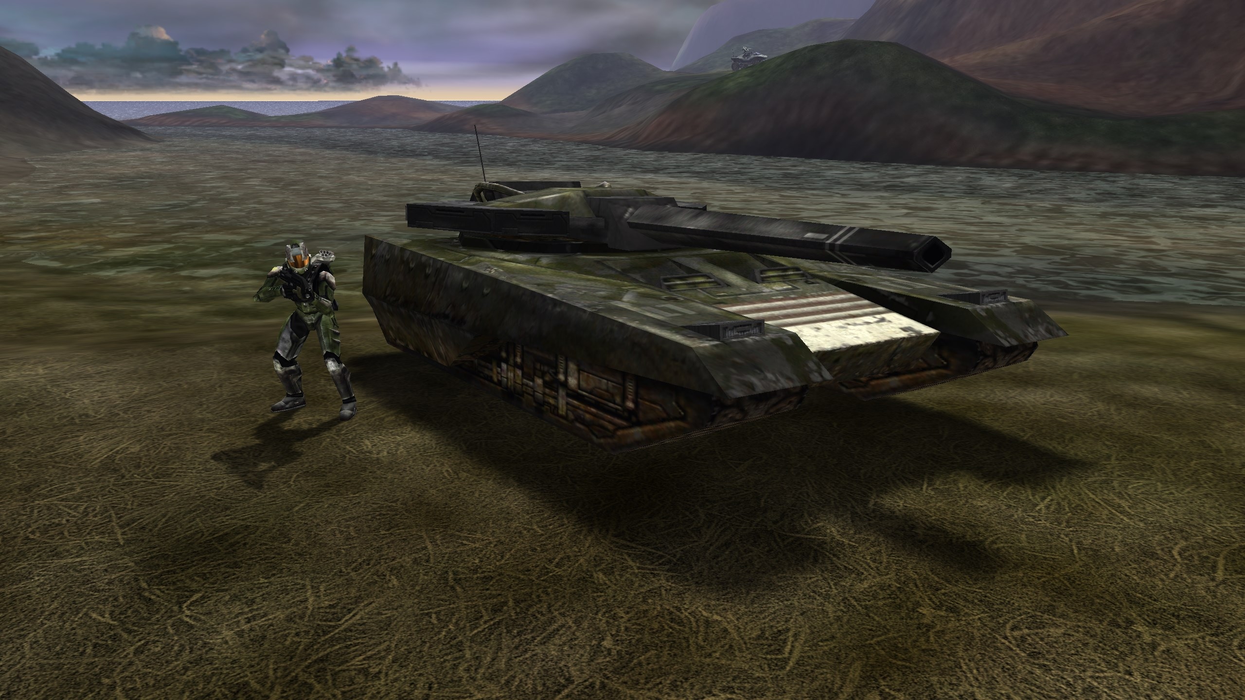 Image of 99-era cyborg standing next to a Viper stealth tank