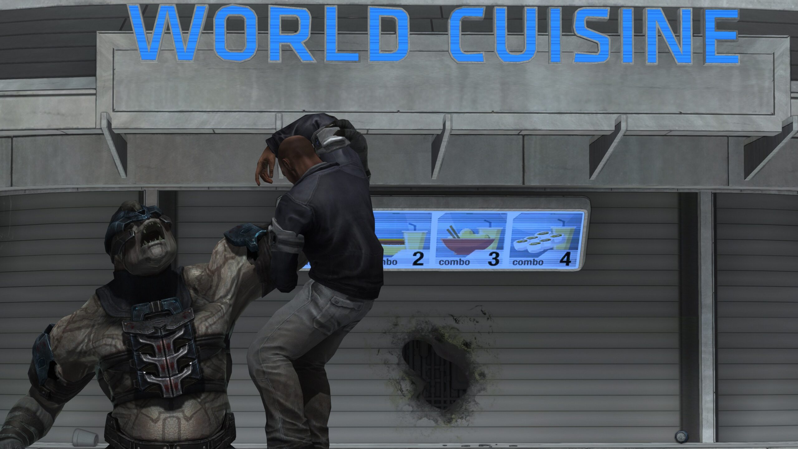 In-game screenshot of Halo: Reach mission Exodus where a Brute holds a human aloft in front of the World Cuisine cafe