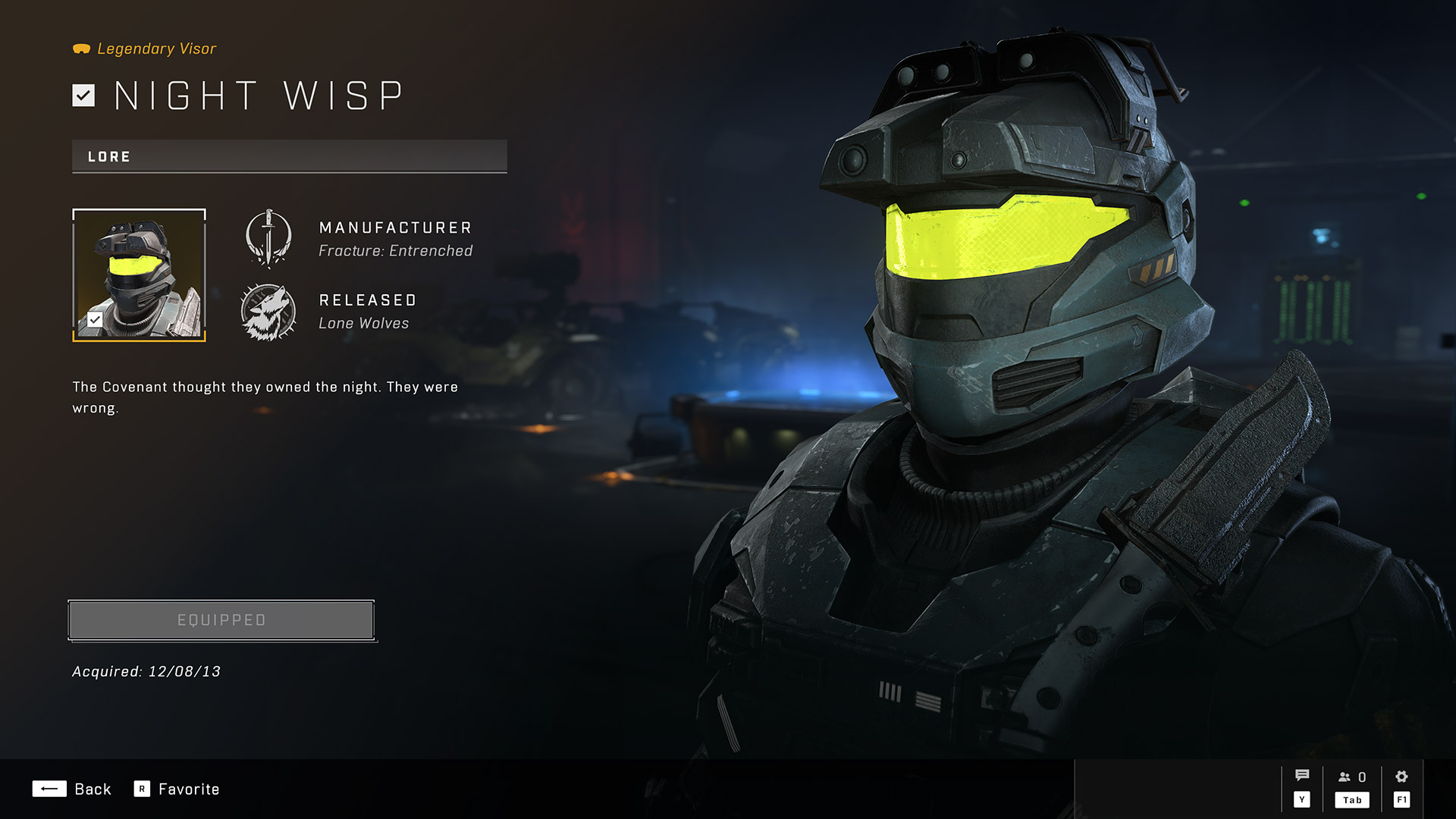 A Mark V [B] Spartan with a bright yellow visor stands in the armory.