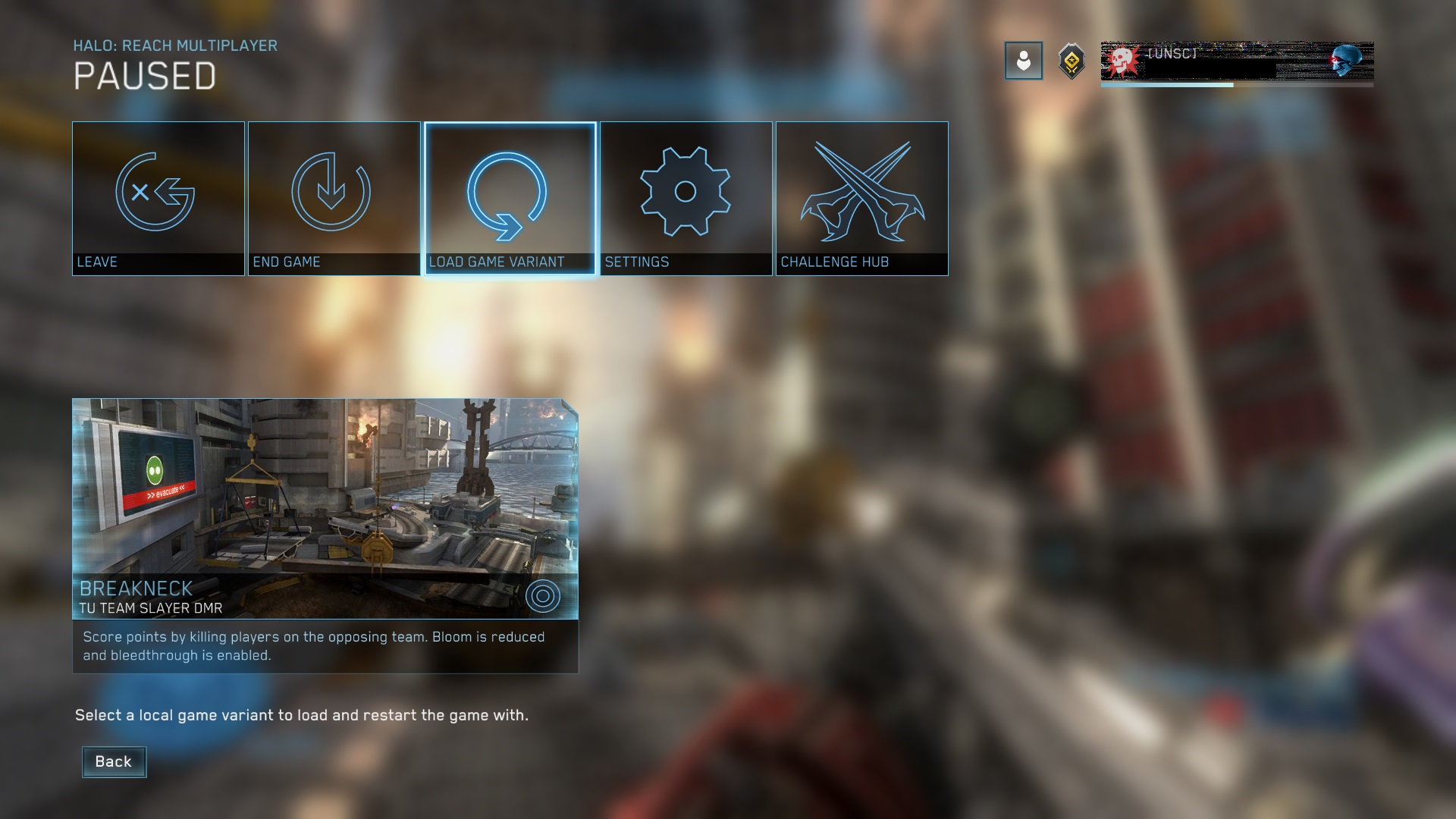 In-game screencap of "hot reload" to select a local game variant to load and restart the game with