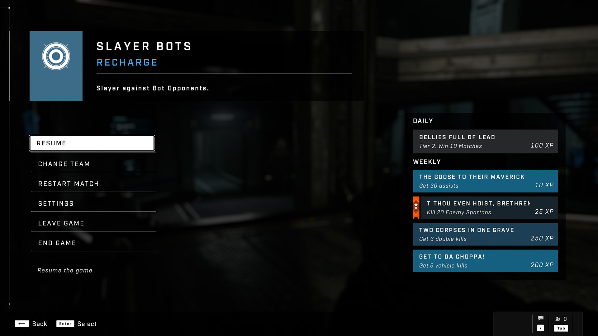 Screenshot of the pause menu, which shows the challenges on the right side.
