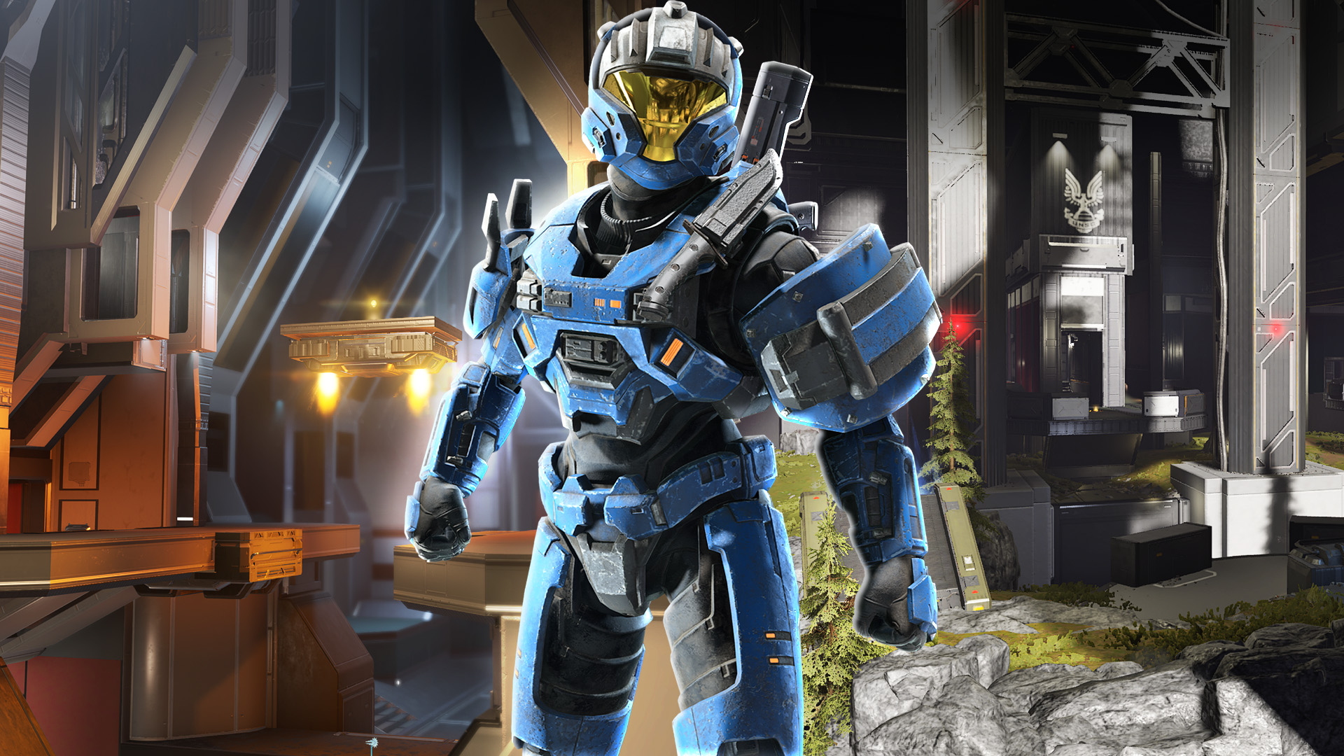 Header image for Winter Update Maps and Mode blog showing a CQB-clad Spartan in front of Argyle and Detachment