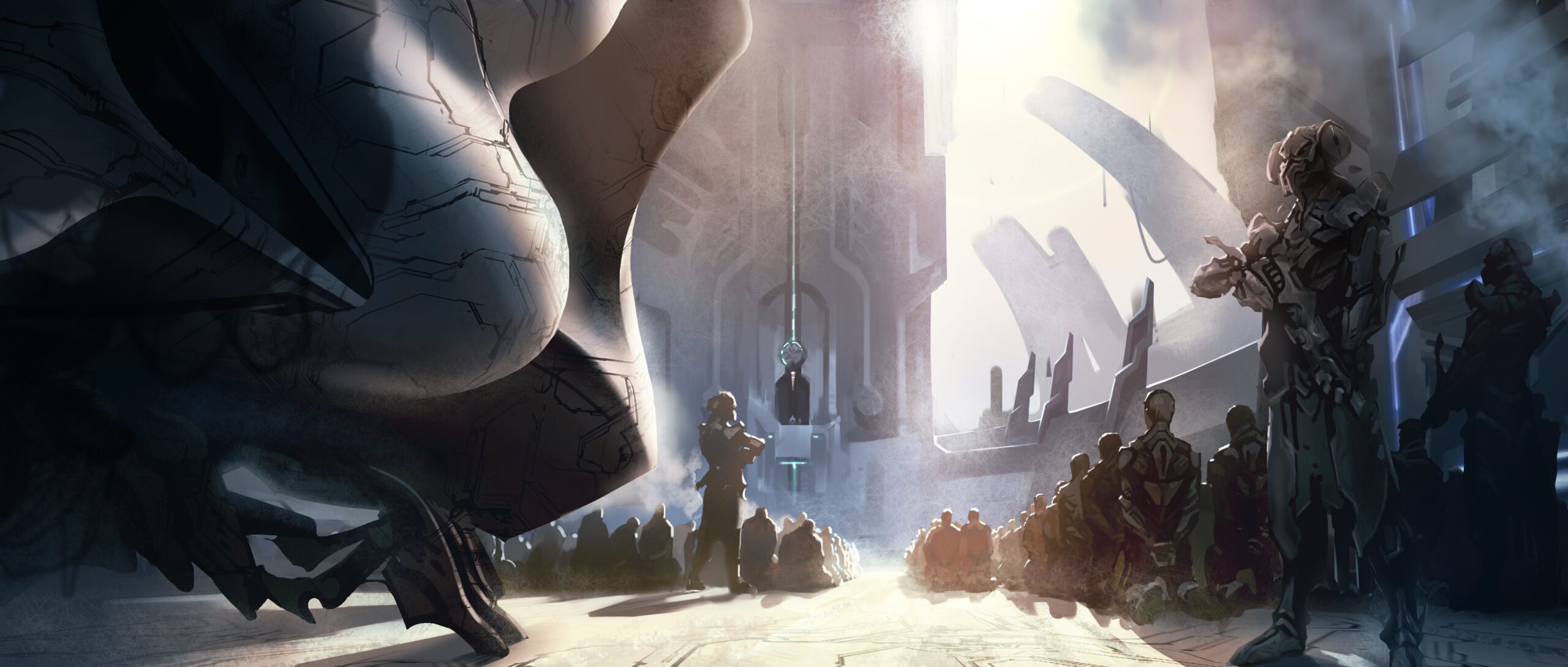 Halo 4 concept art of Warrior-Servants guarding the defeated Ancestors