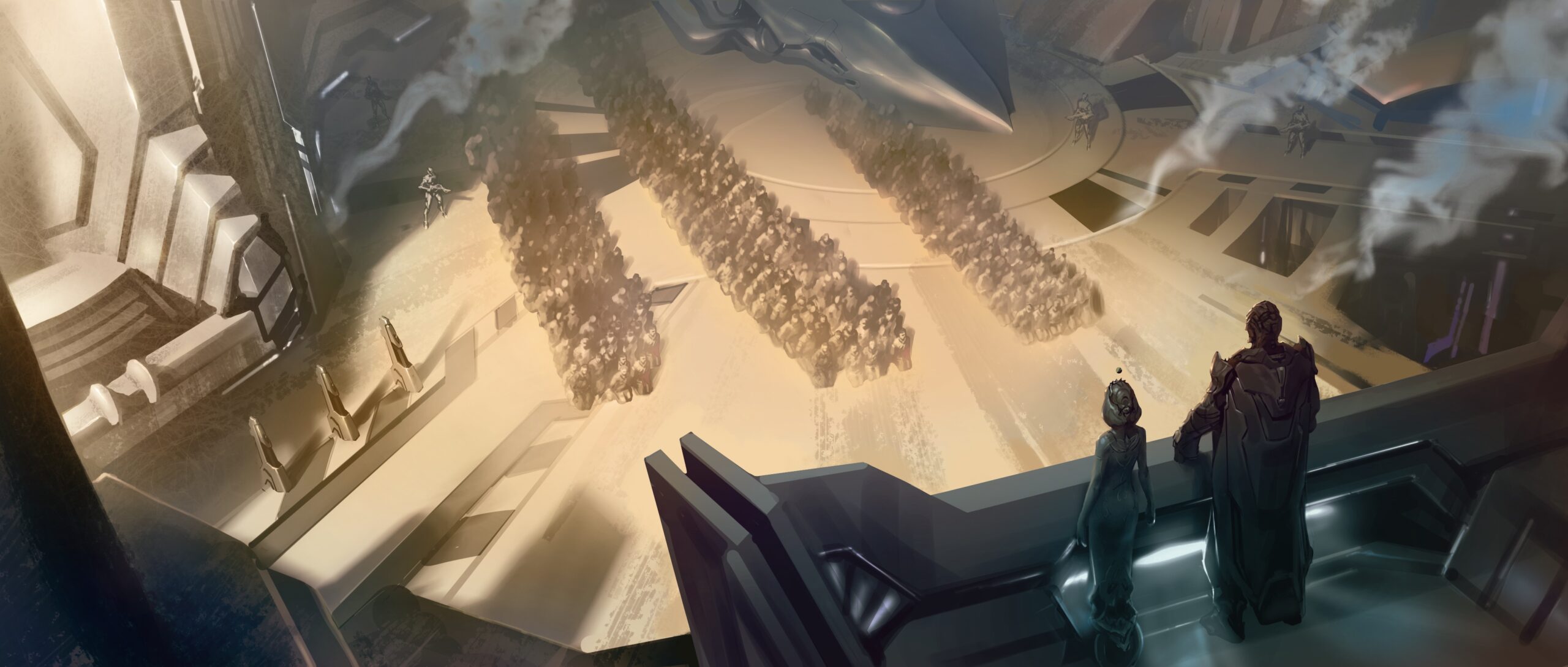 Halo 4 concept art of the Didact and Librarian overlooking rows of captured and defeated Ancestors on Charum Hakkor