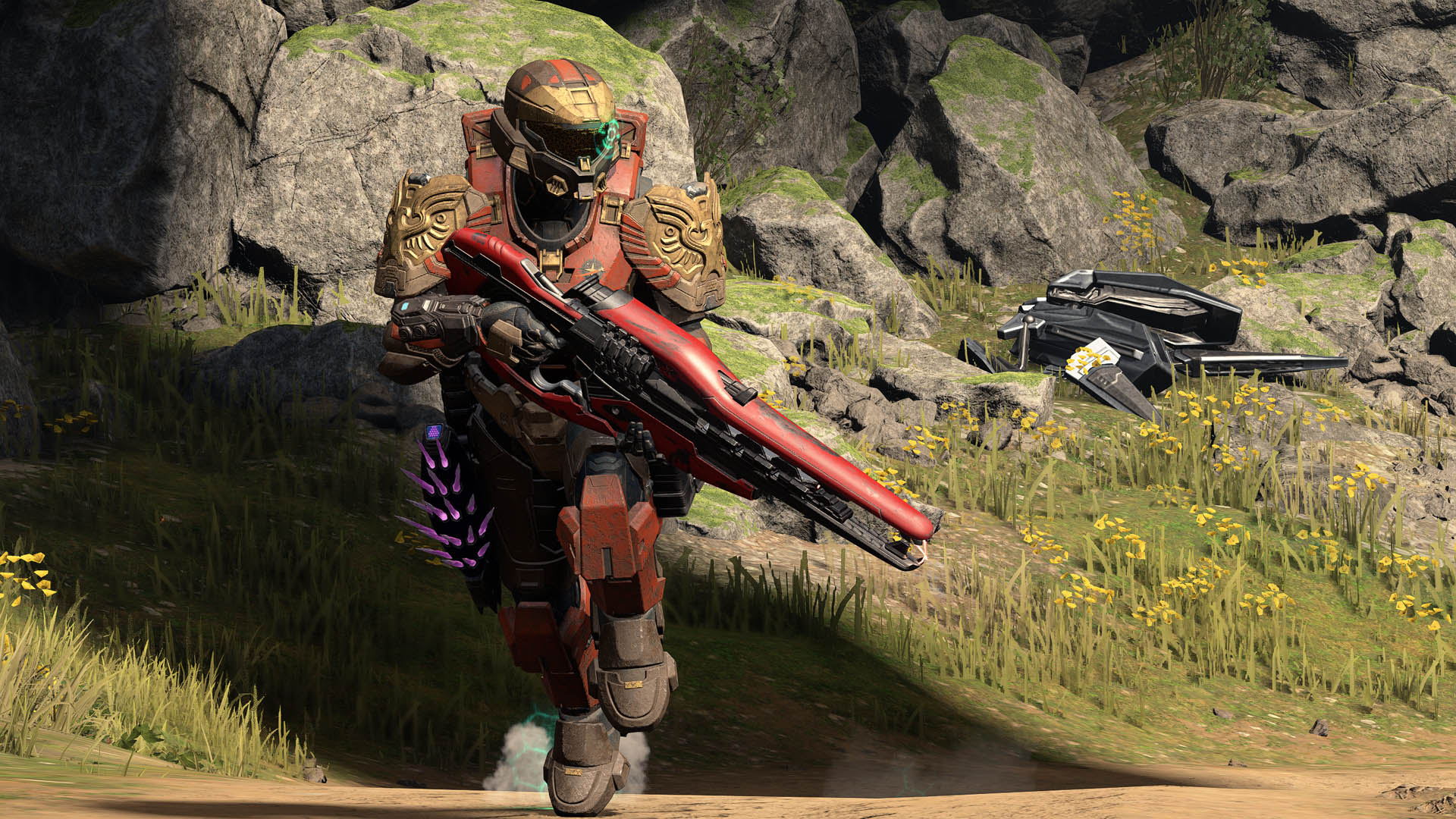 A red Spartan holding a Stalker Rifle is sprinting on Fragmentation.
