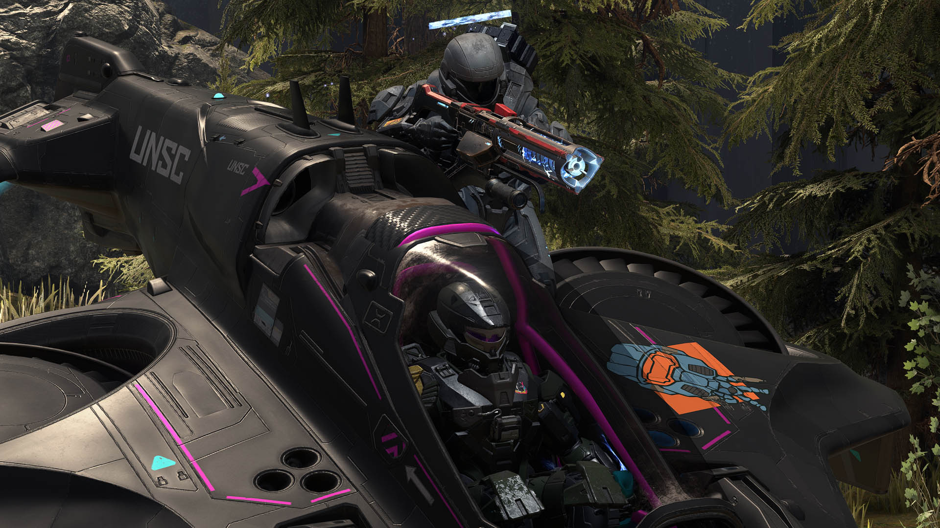 In-game screenshot of a Spartan wielding a shock rifle standing on a Spartan-piloted Wasp