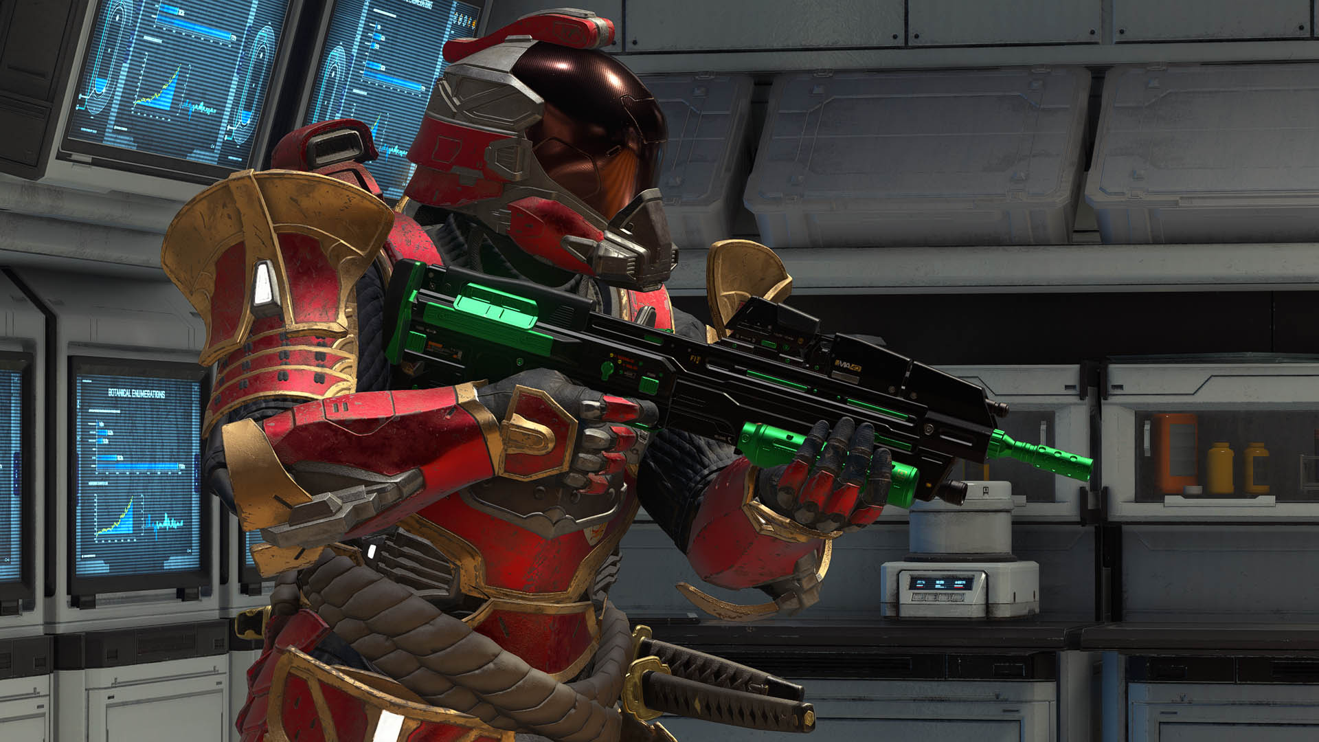 In-game screenshot of a Spartan wielding an assault rifle
