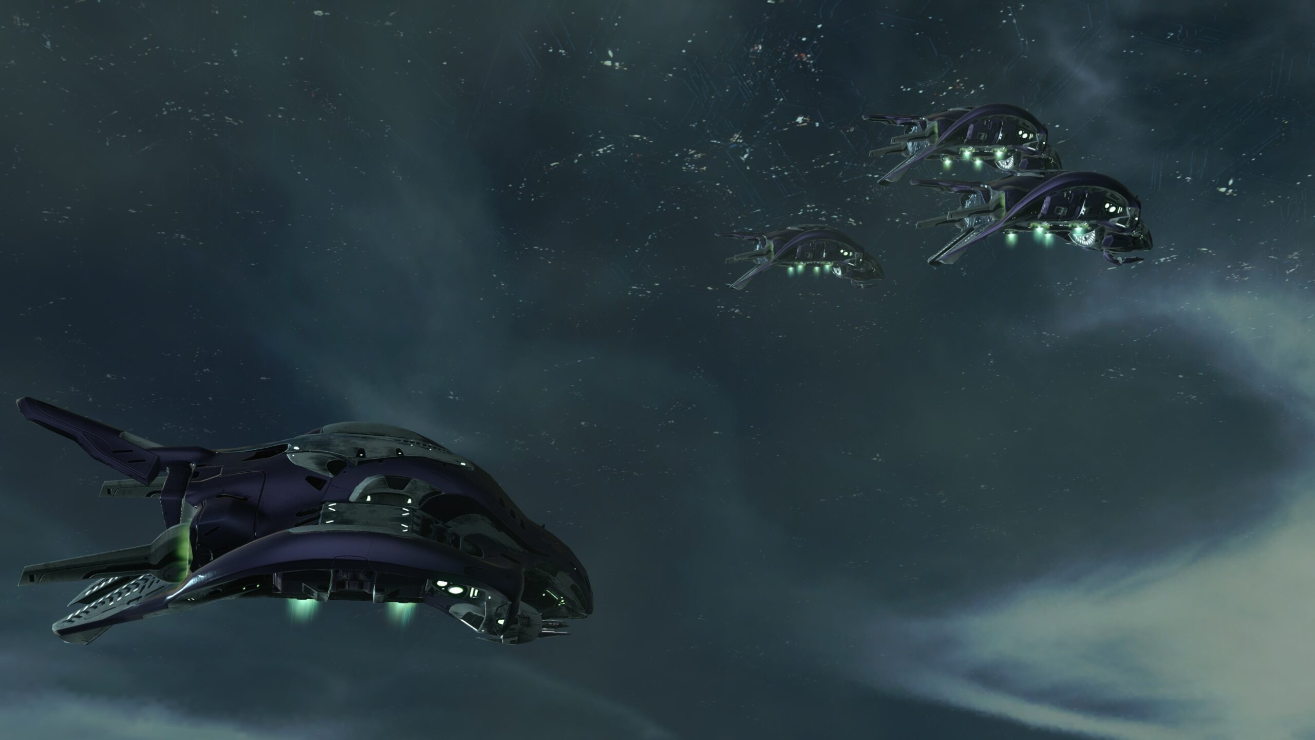 Halo 4 Spartan Ops in-game screenshot of Phantoms flying inside Requiem at night