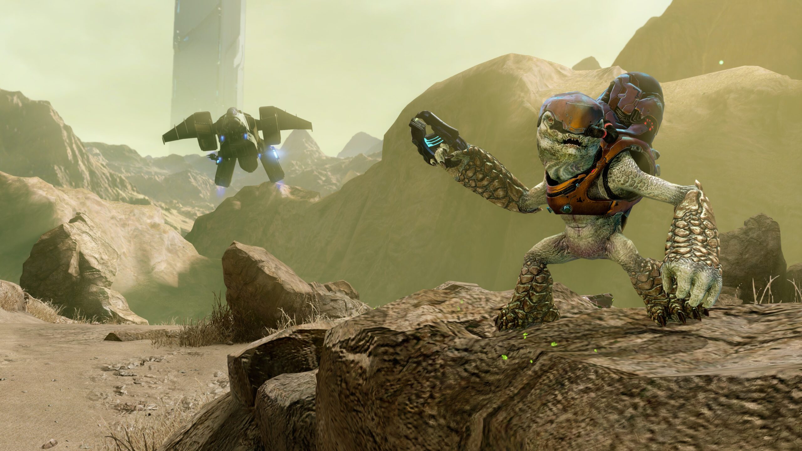 Halo 4 Spartan Ops in-game screenshot of a Grunt gesturing towards a Pelican dropship