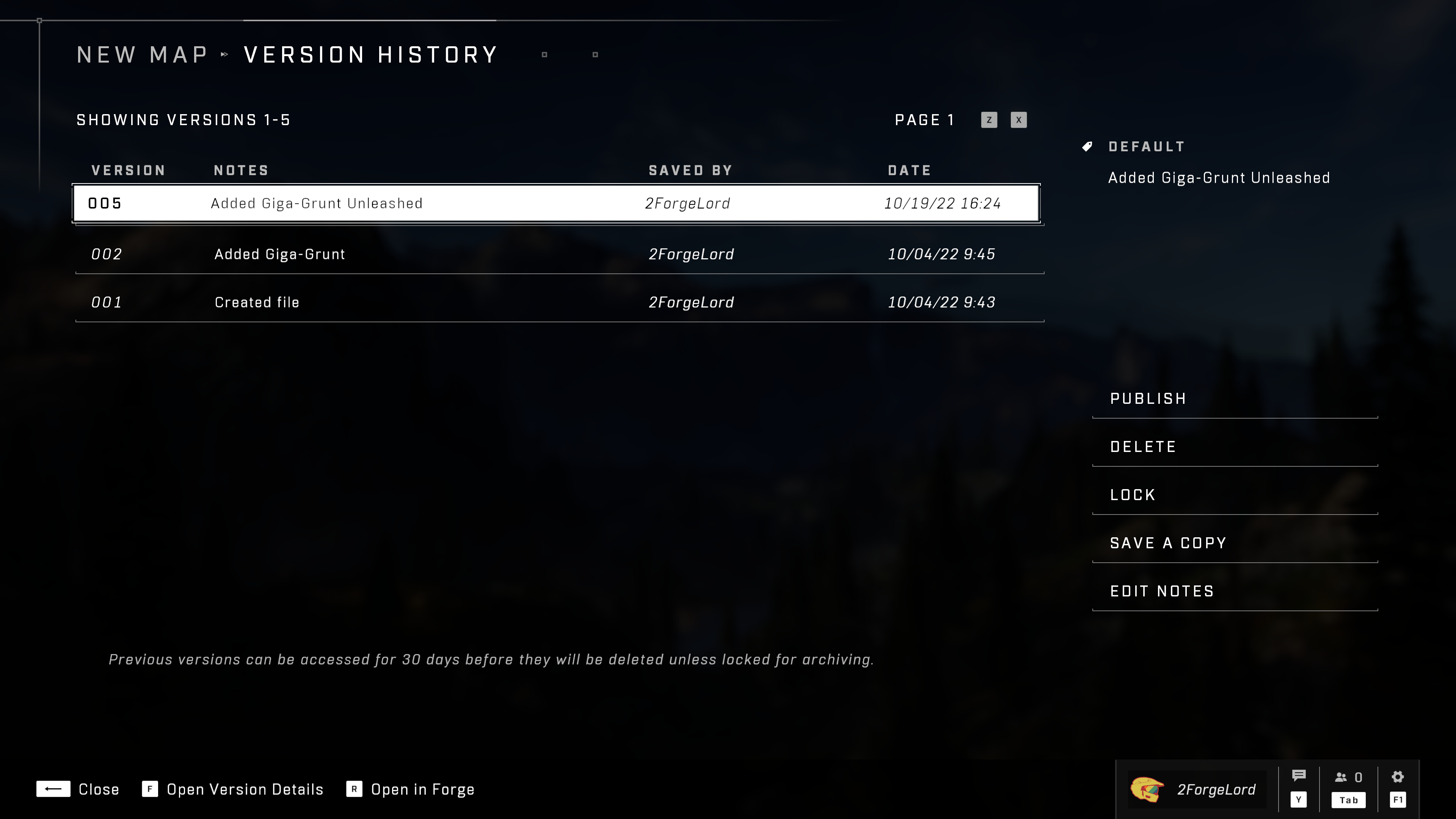 Halo Infinite menu screenshot showing version history