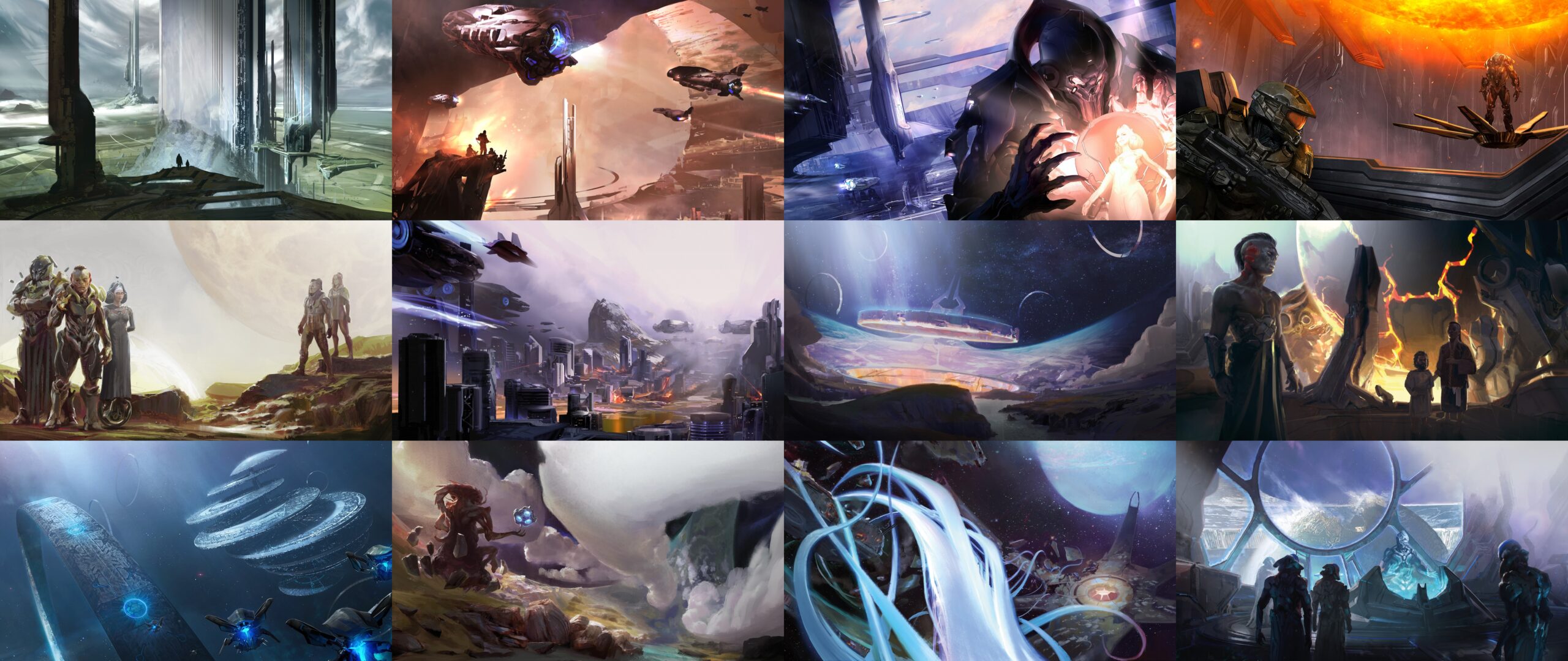 Collage of various Forerunner-related artwork connected to Greg Bear's Forerunner Saga