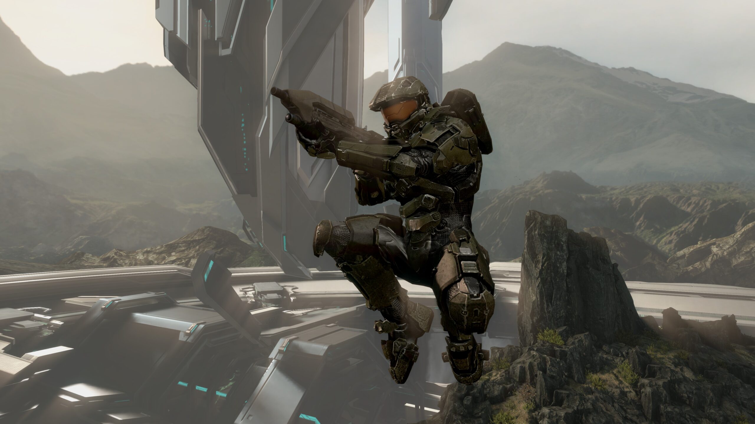 Screenshot of Master Chief in Halo 4 flying with the Acrophobia Skull enabled