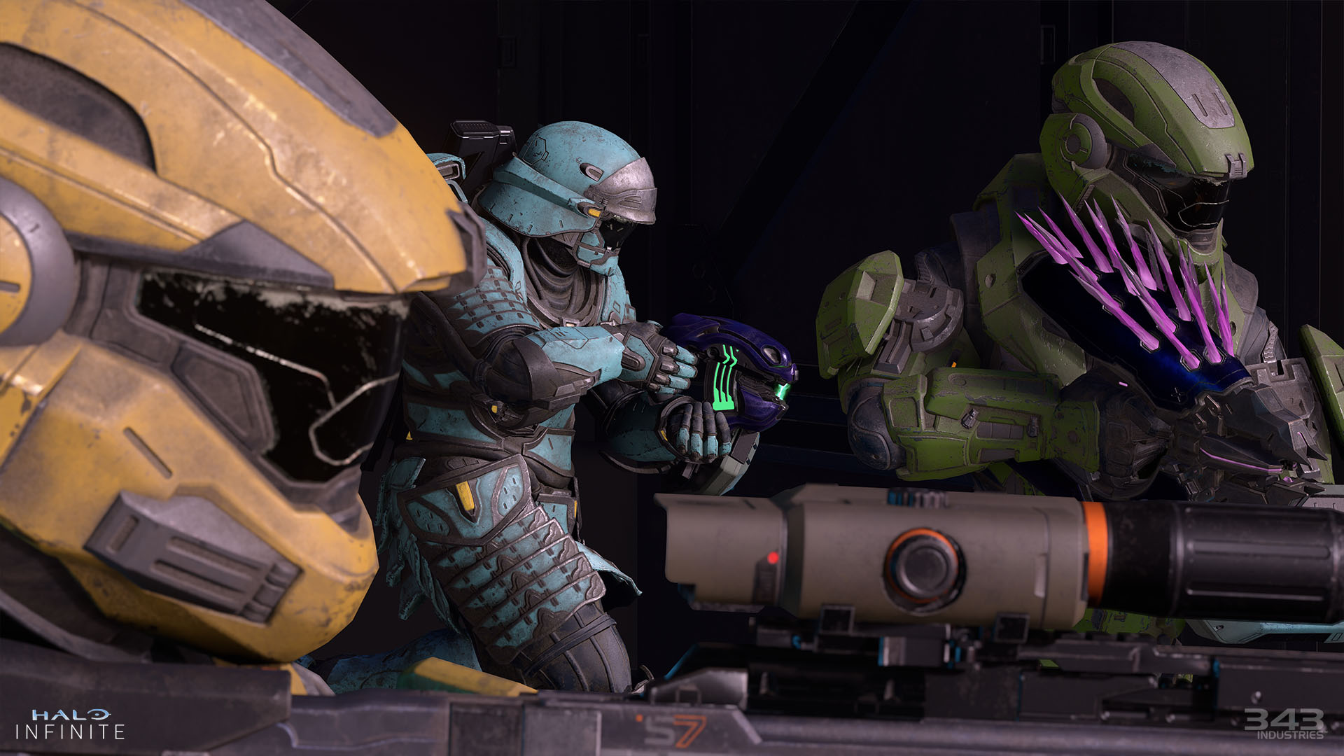 Halo Infinite action screenshot of multiple Spartan Armor Types with Cadet skins