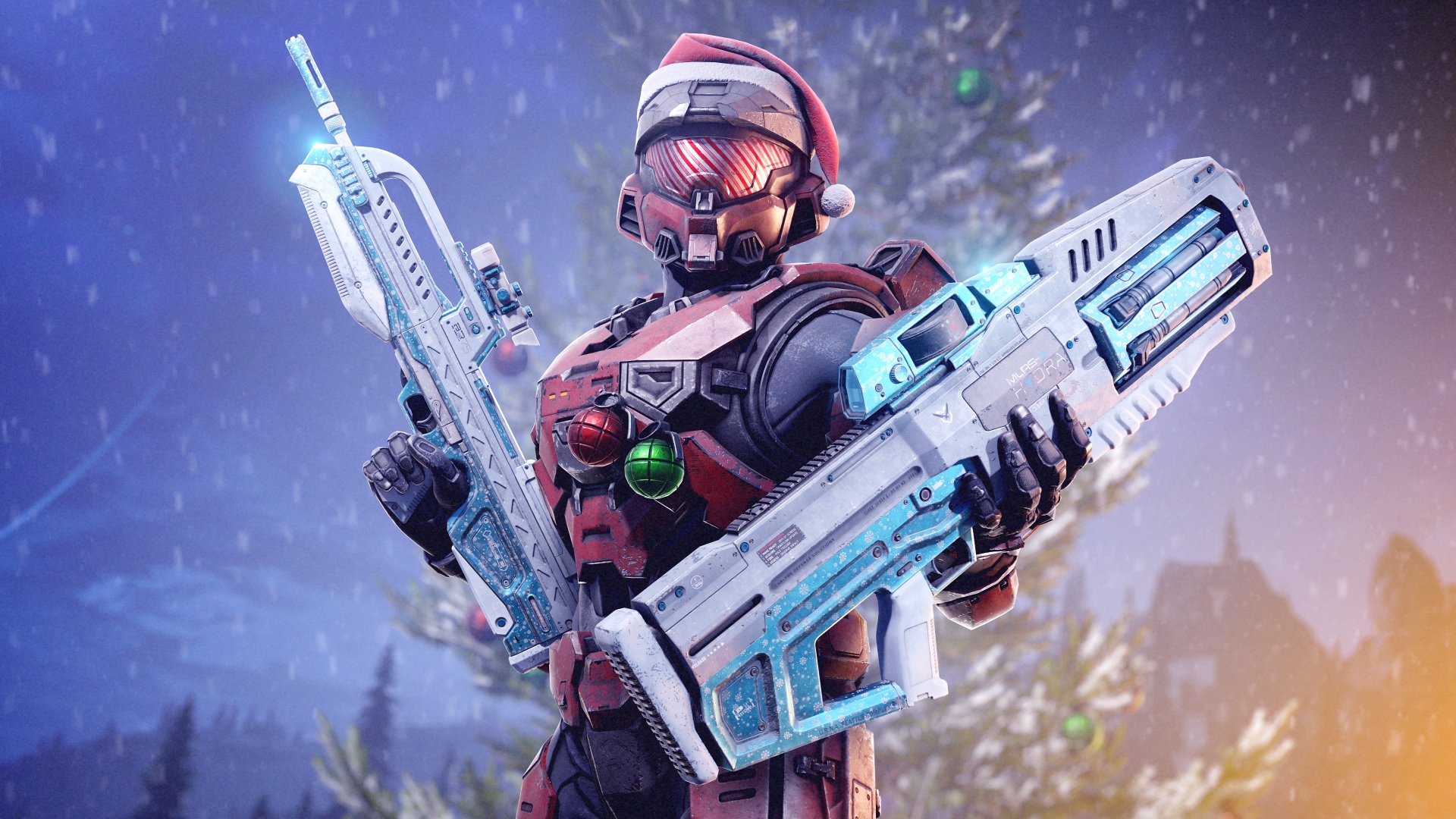 Header image for the Winter Contingency II event showing a red-colored Spartan with a nightcap holding a Battle Rifle and Hydra with Holiday-themed coatings