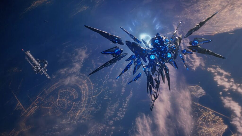Cortana's Guardian preparing to unleash an attenuation pulse over Earth at the end of Halo 5: Guardians