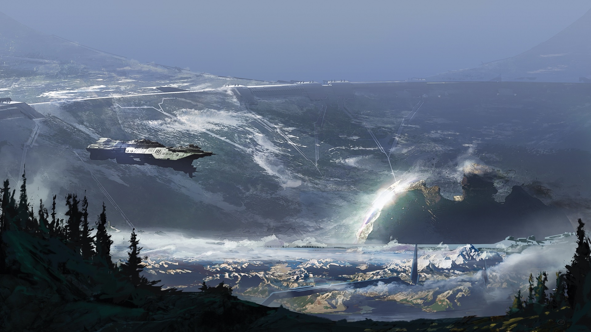 Halo Mythos art by Jeremy Cook of the UNSC Spirit of Fire arriving at the Ark