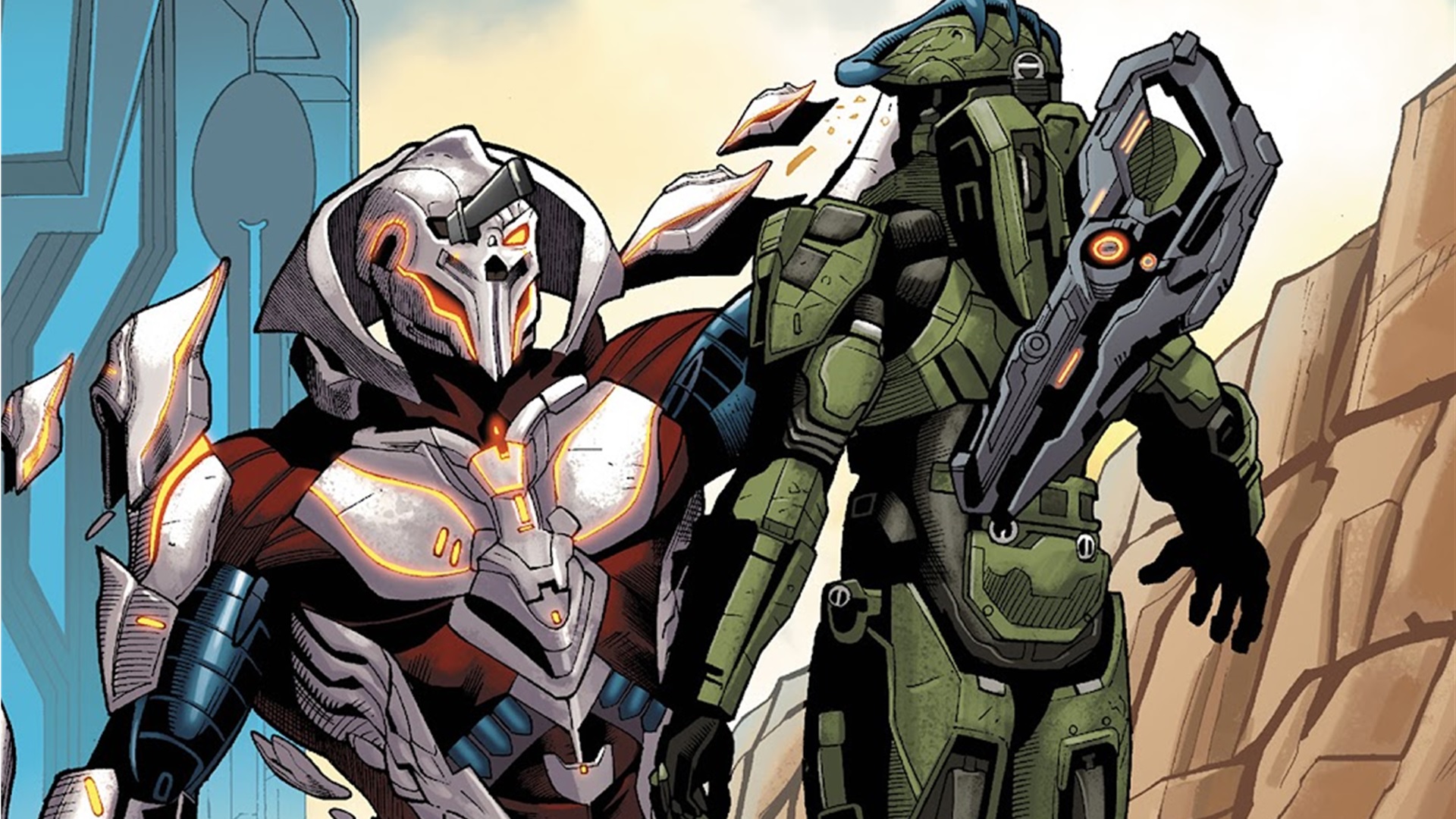 Halo: Escalation panel of the Didact holding the Master Chief aloft after the Spartan stabbed him in the eye