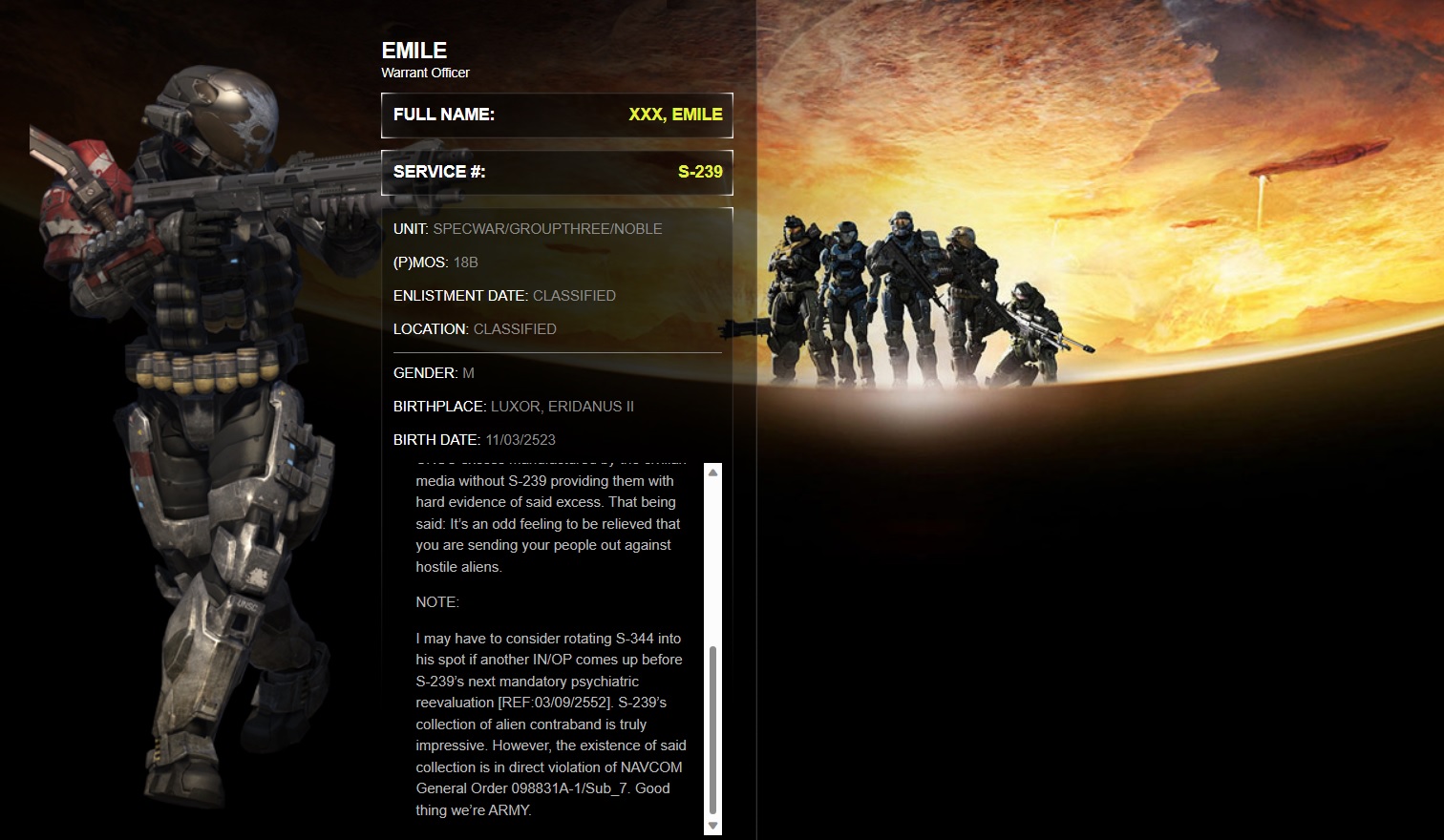 Halo: Reach page of Emile-A239 on Bungie.net mentioning Rosenda