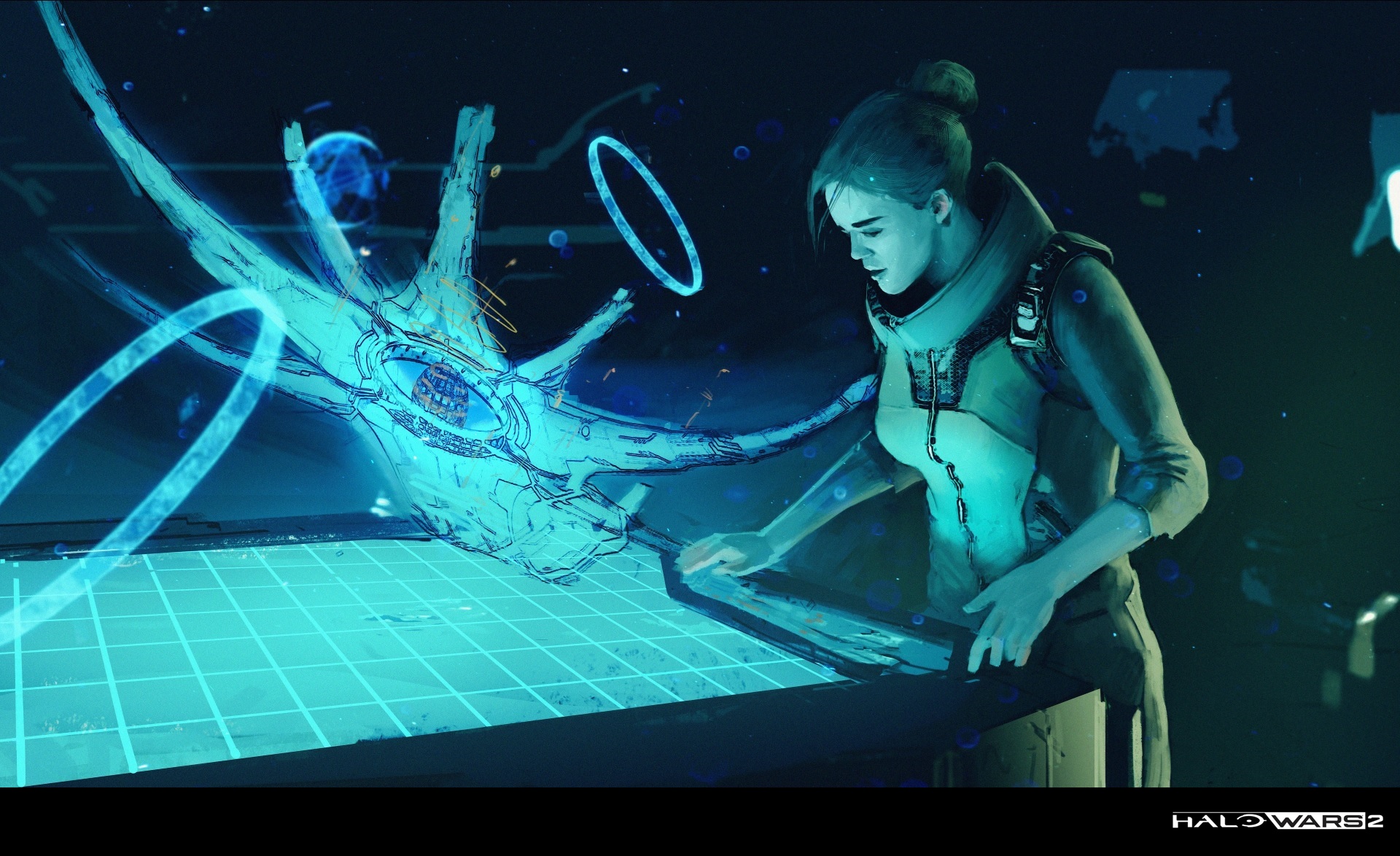 Halo Wars 2 Phoenix Log art of Ellen Anders studying a hologram of the Ark and Halo