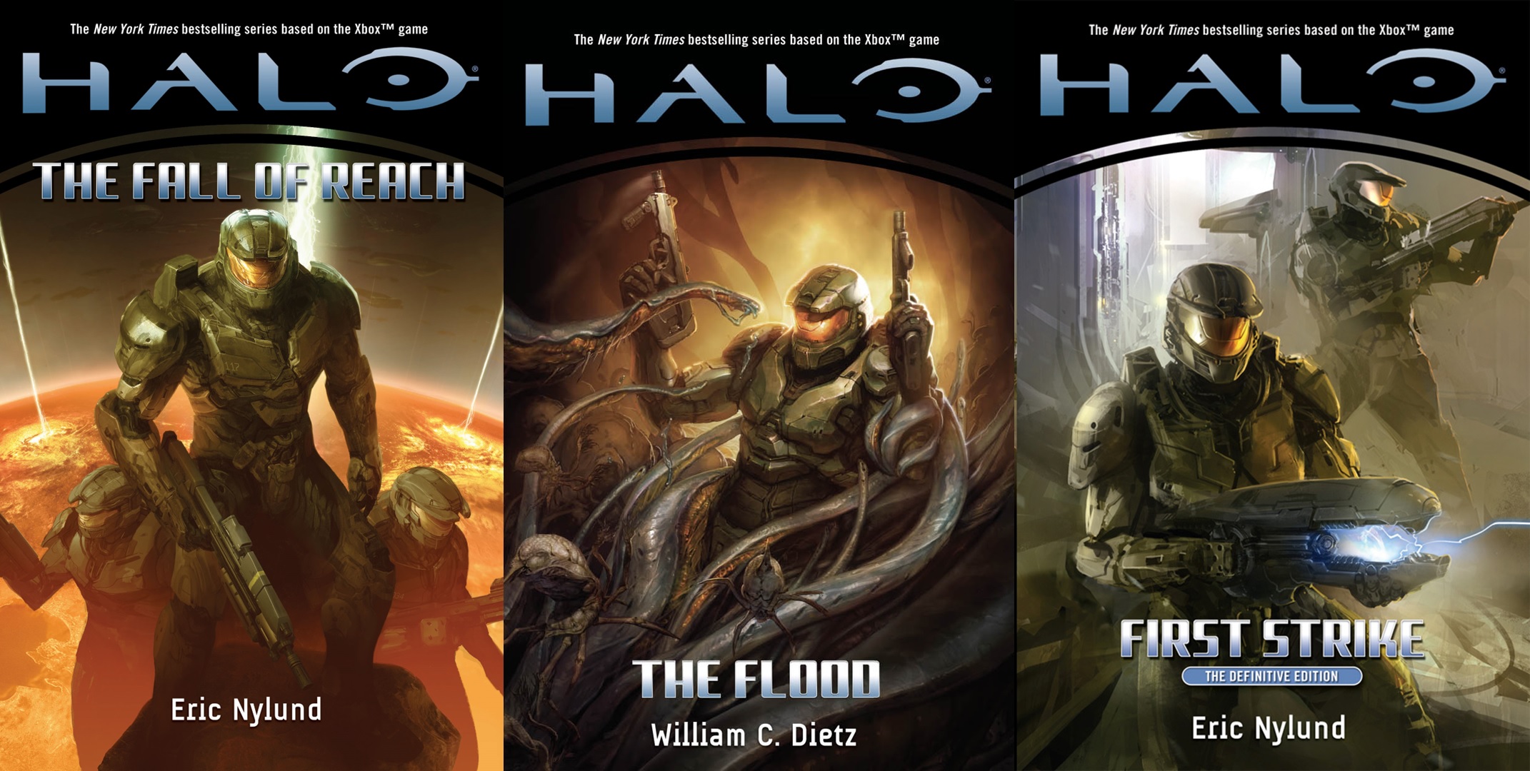 Cover art of Halo: The Fall of Reach, The Flood, and First Strike