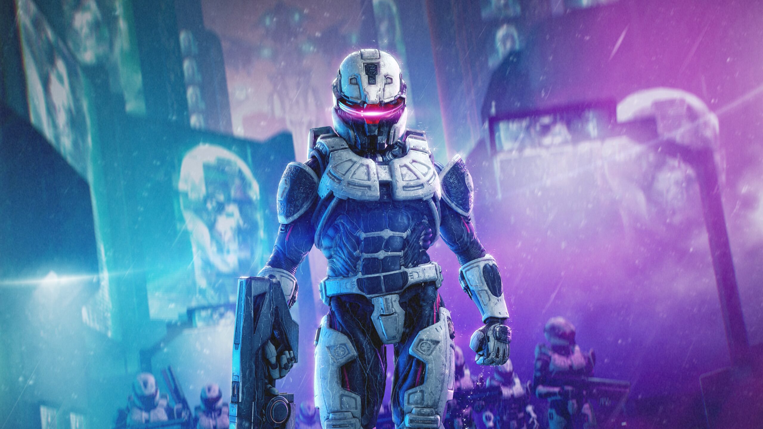 Fracture: FIREWALL key art depicting an army of Executors in a human city with High Auxiliary Sloan displayed on a building and a Guardian in the background