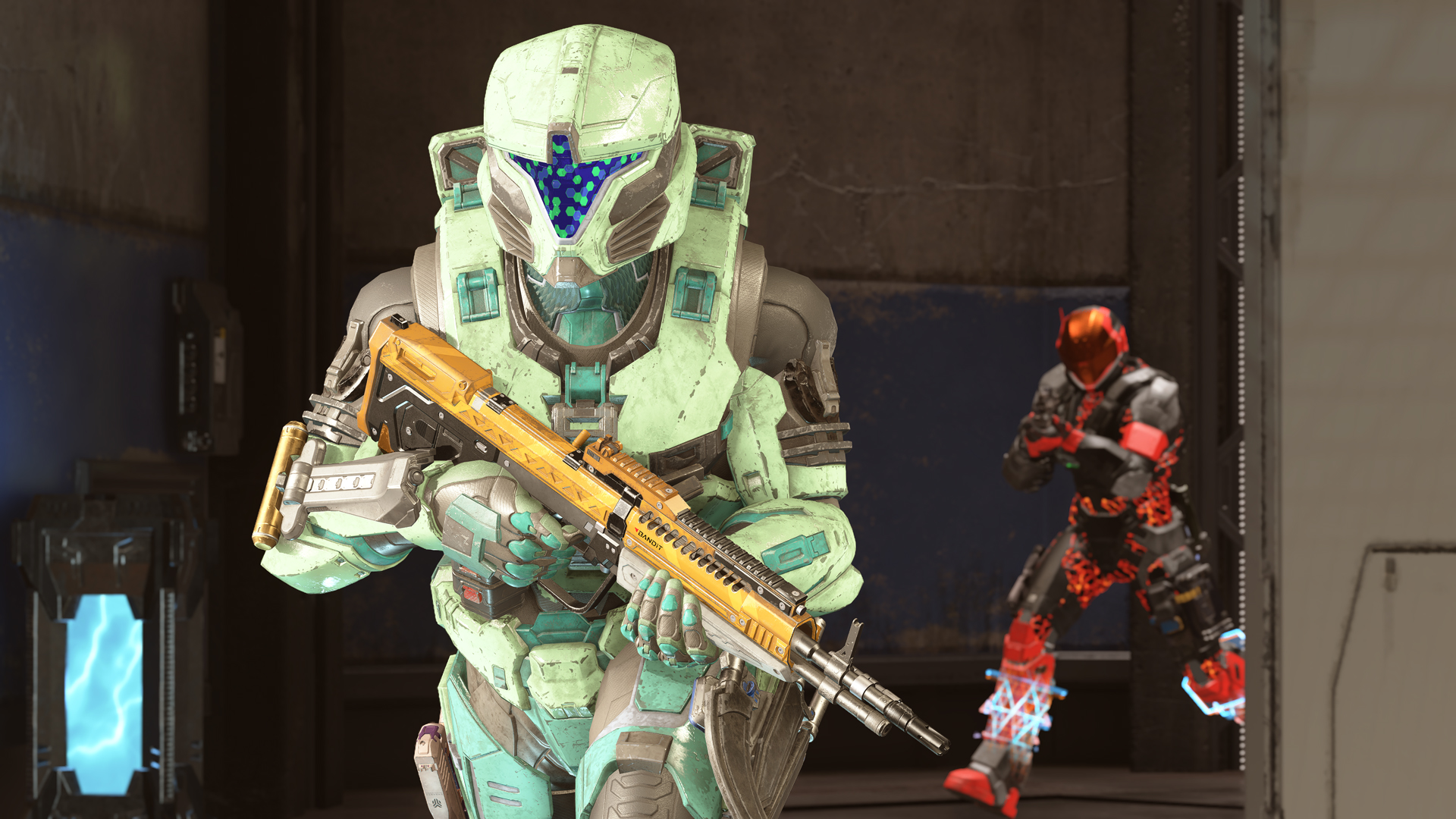 A green Spartan runs down a hallway while another Spartan wearing black and red armor follows closely behind.