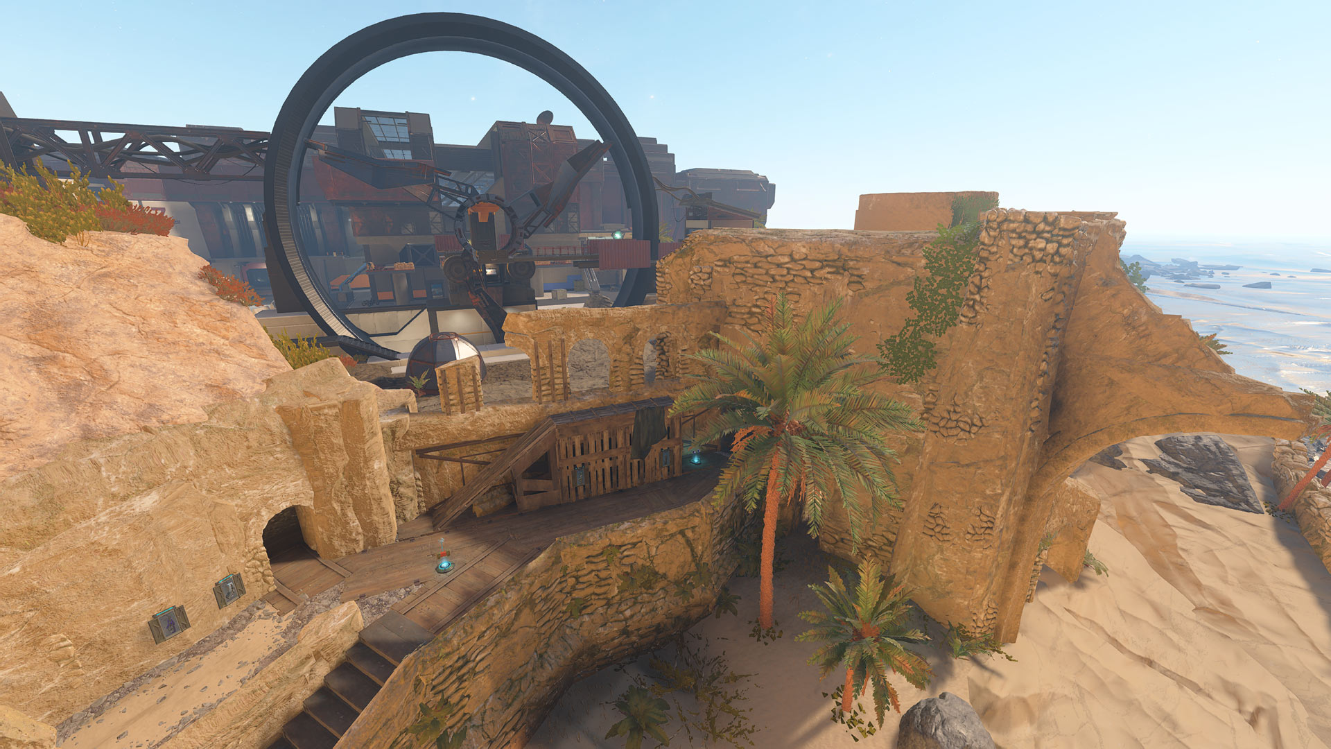 A vista shot of a Forge map recreation of Zanzibar from Halo 2 or Last Resort from Halo 3.