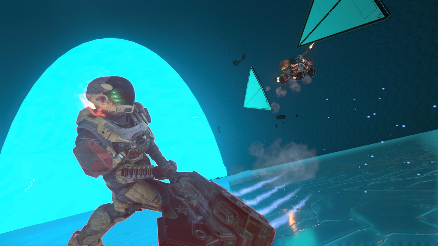 A player with a gravity hammer attempts to smash a Warthog that tumbles by them.