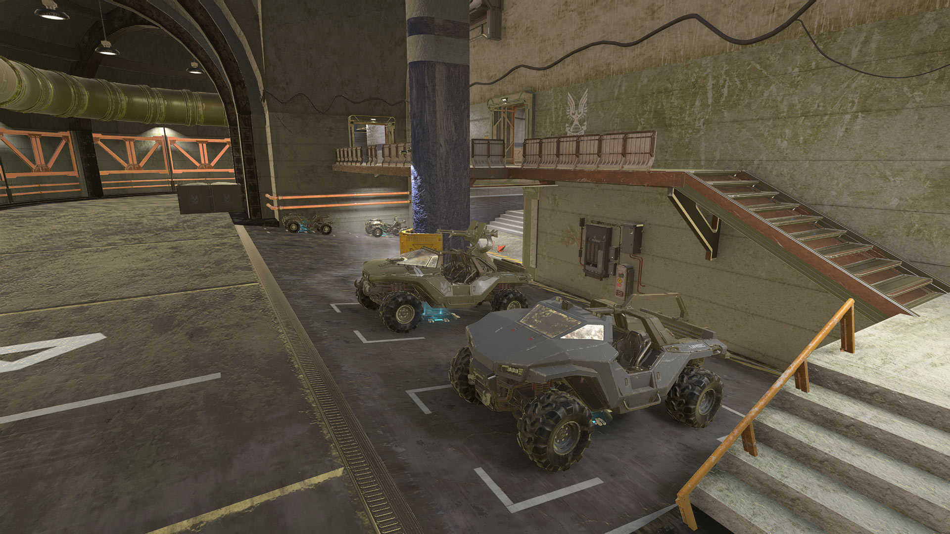 A Razorback and Warthog sit idle on a recreation of Halo 3's Rat's Nest.