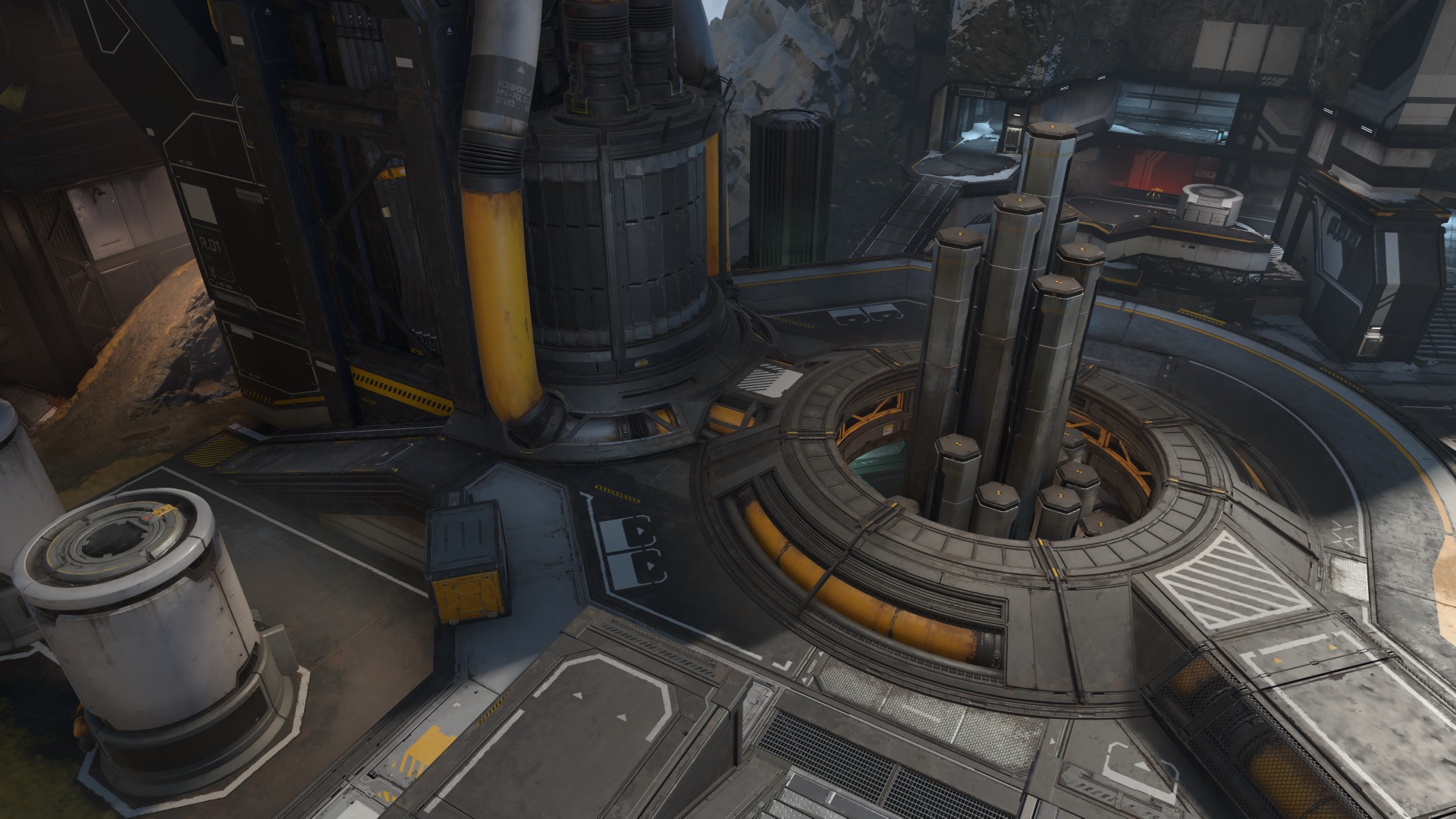 Halo Infinite screenshot of Cliffhanger map showing prominent Forerunner hexagonal pillars being reverse engineered by ONI