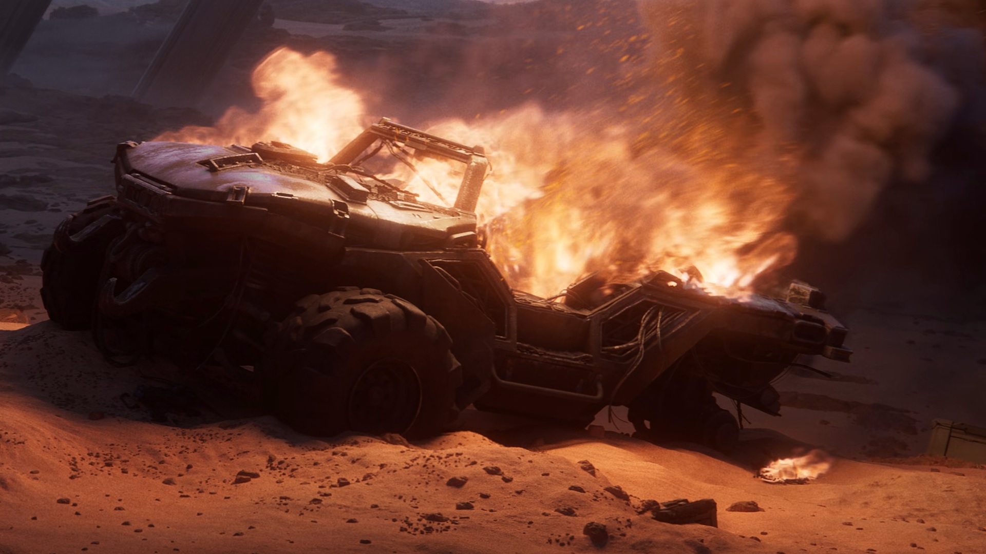 Echoes Within Intel image showing a destroyed Warthog in flames