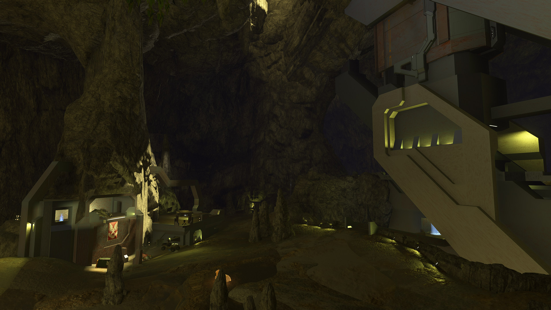 A expansive cavern shows that the map is Halo 2's Waterworks recreated in Forge.