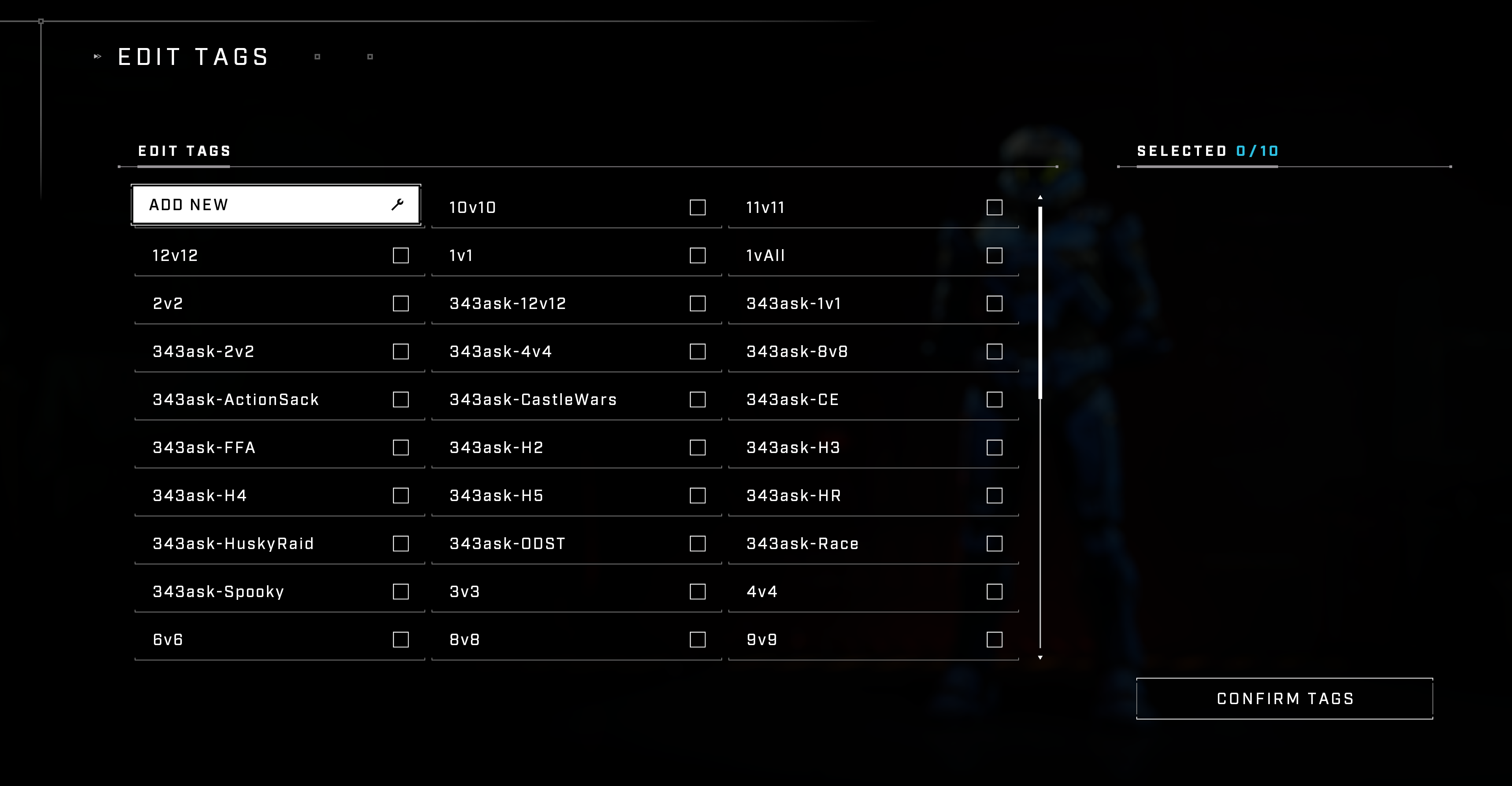 Imagem mostrando uma lista de tags a serem consideradas para matchmaking Halo Infinite.  Estes incluem: 343ask-1v1 343ask-2v2 343ask-4v4 343ask-8v8 343ask-12v12 343ask-FFA 343ask-ActionSack 343ask-CastleWars 343ask-HuskyRaid 343ask-Spooky 343ask-Race 343 como k-CE 343ask-H2 343- HST3 343 HR 343ask- H4 343 pergunte-H5