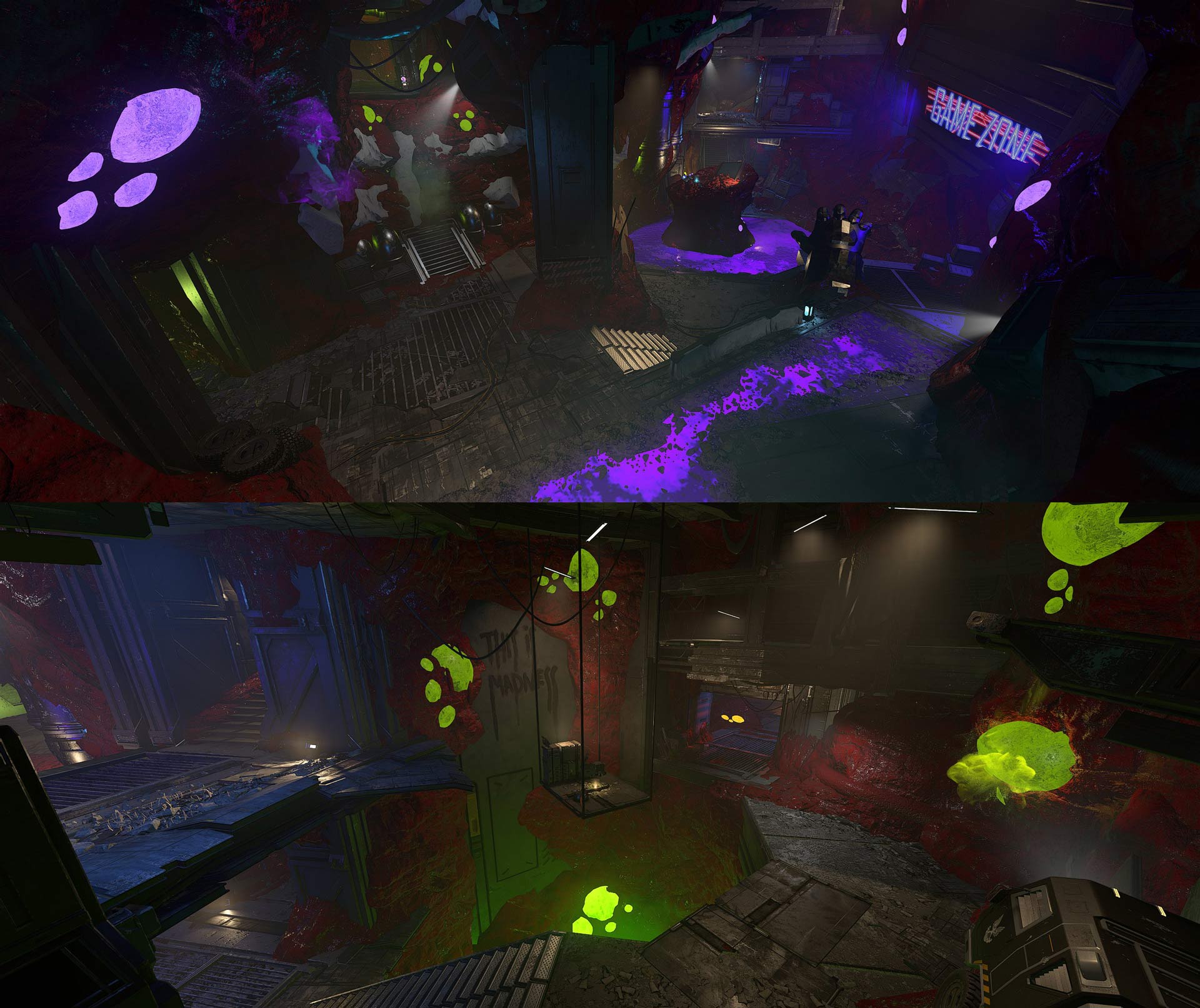 Two picture of the Doom-inspired Forge map Calamity stitched together.