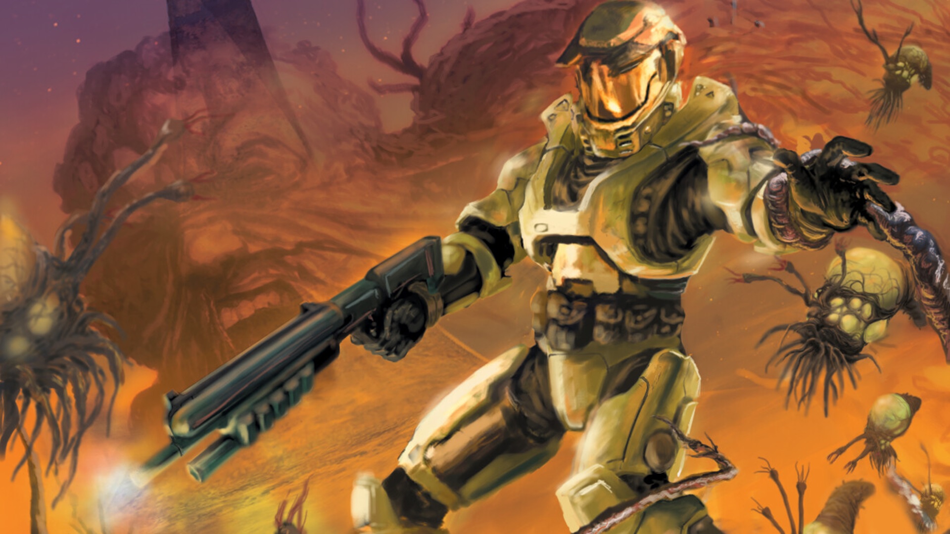 Crop of Halo: The Flood cover art showing the Master Chief surrounded by Flood infection forms