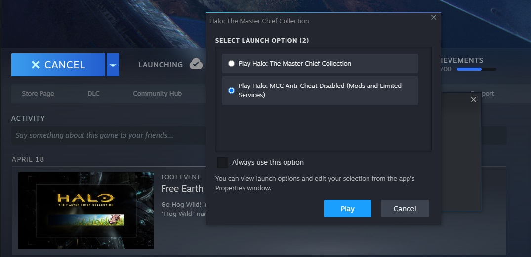 Screenshot of launching MCC from Steam with anti-cheat disabled