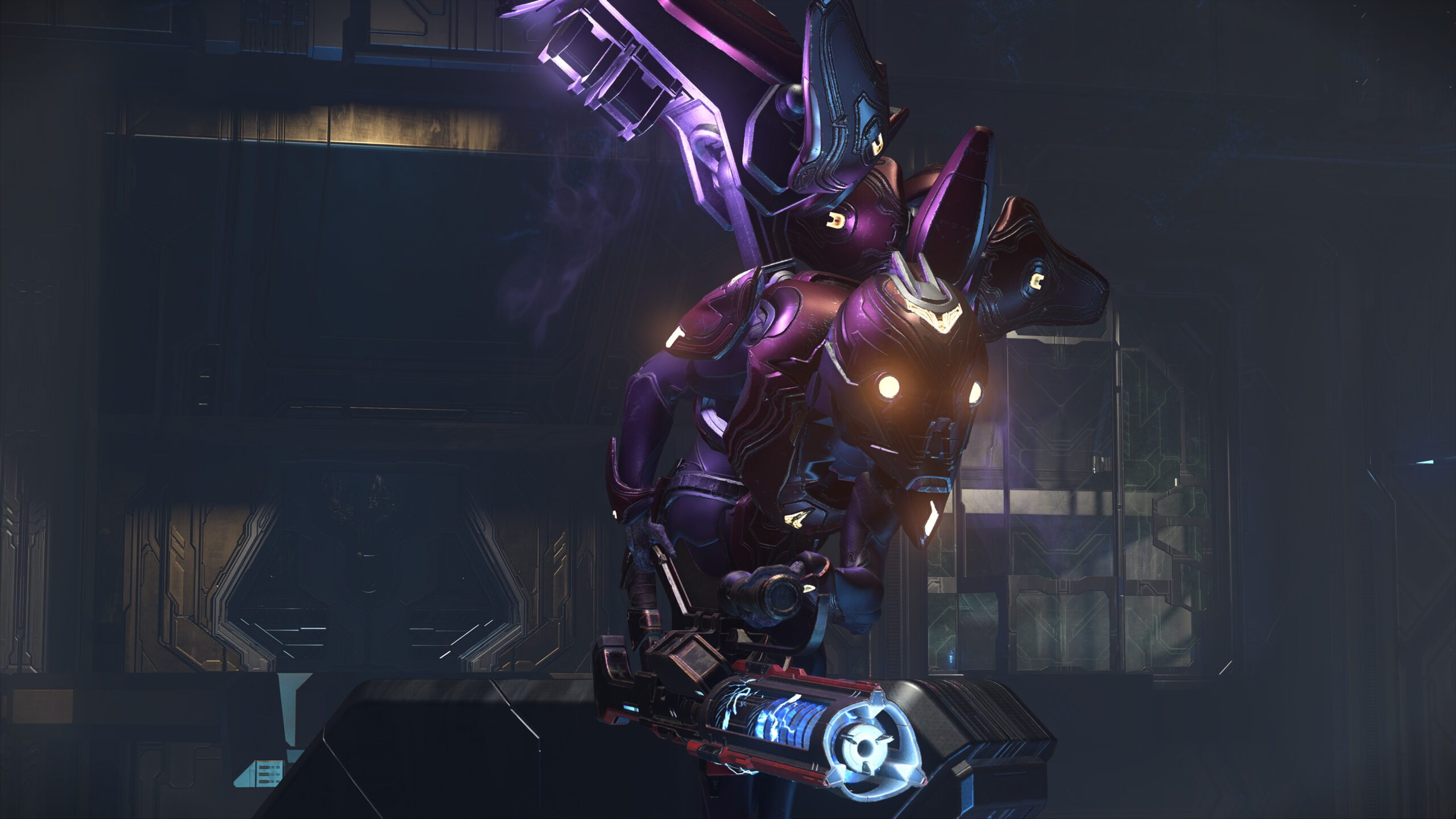 Halo Infinite screenshot of a Skimmer holding a shock rifle upside-down