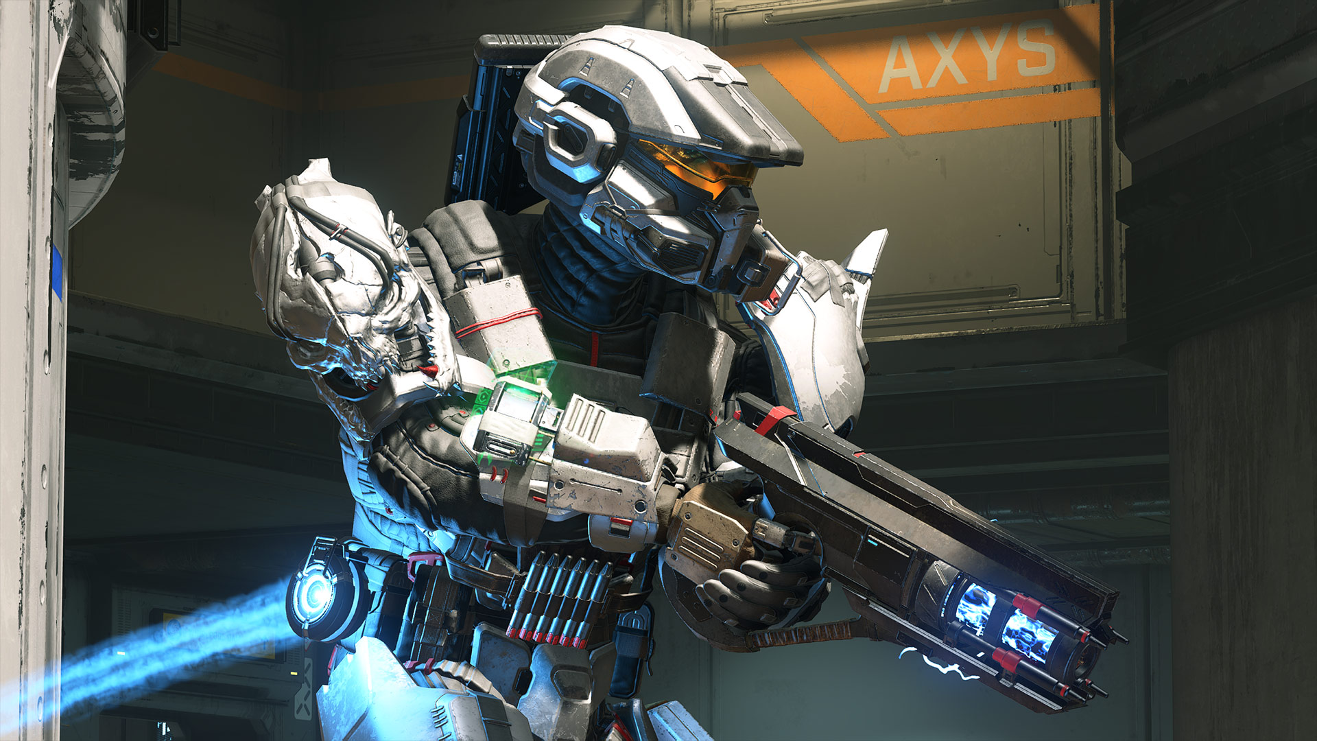 A Spartan wearing Rakshasa armor has a camo attached to their hip and is running with a Disruptor at the ready.