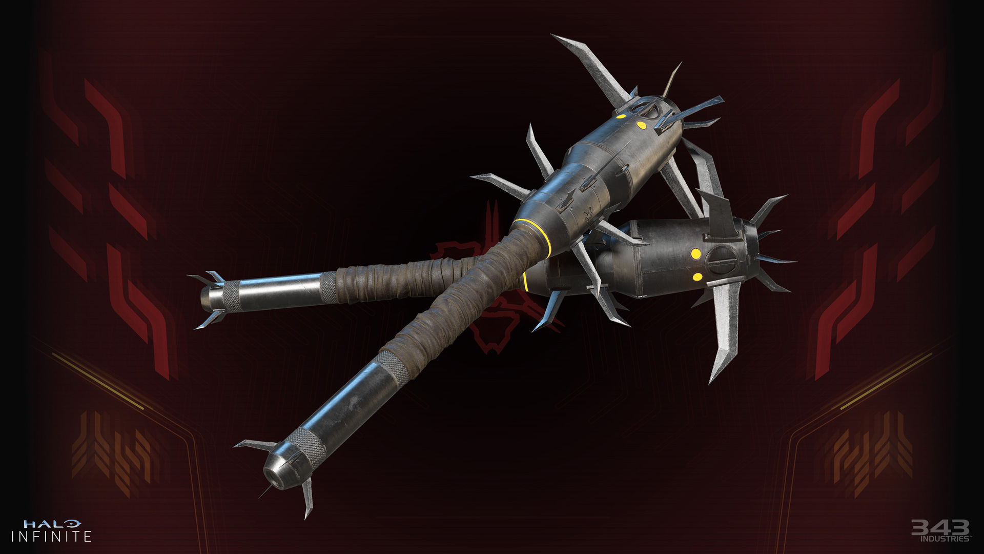 Renders of two Spike Grenades on a Banished background.